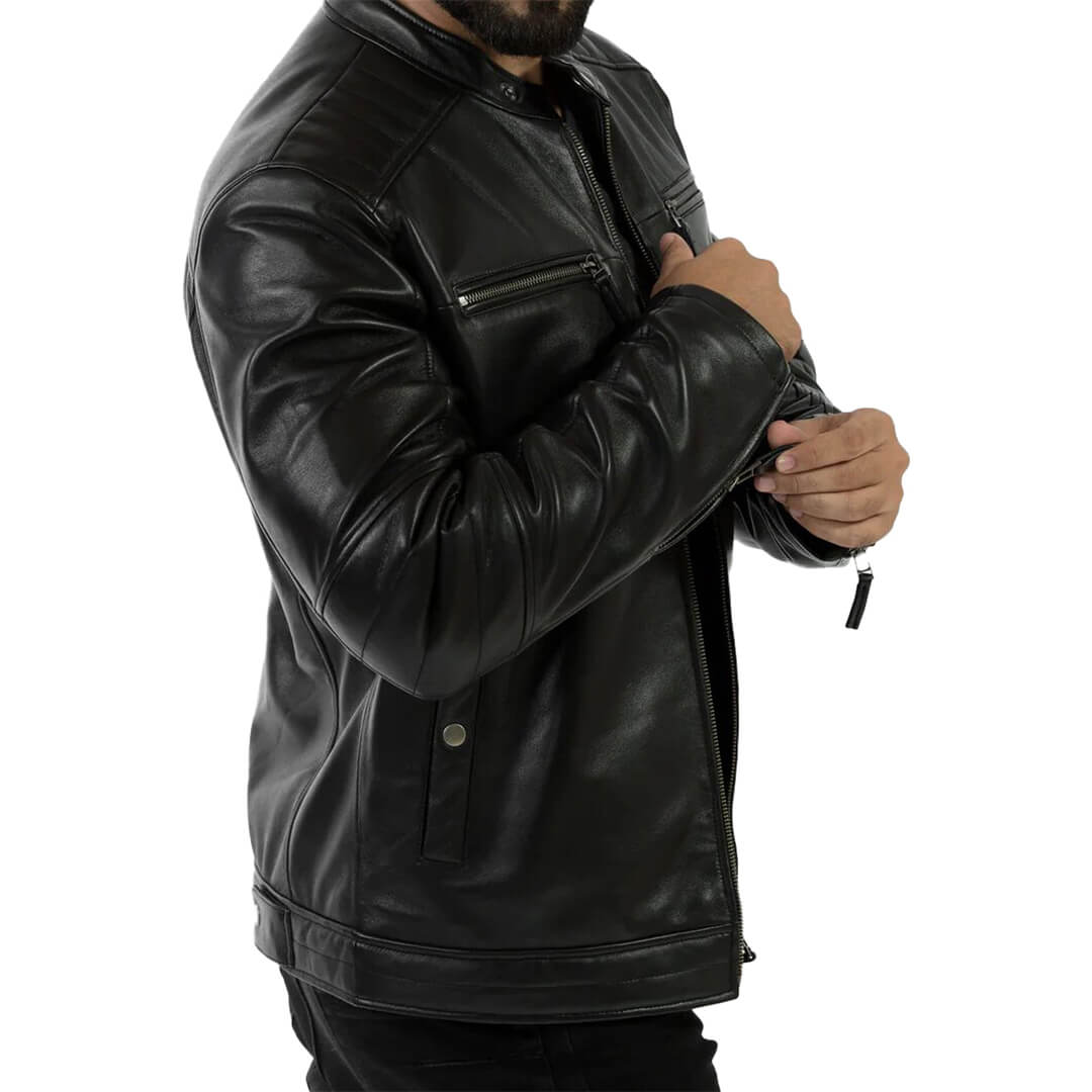 Classic OSCAR men's biker-style premium black leather jacket, showcasing durability and timeless outerwear fashion.