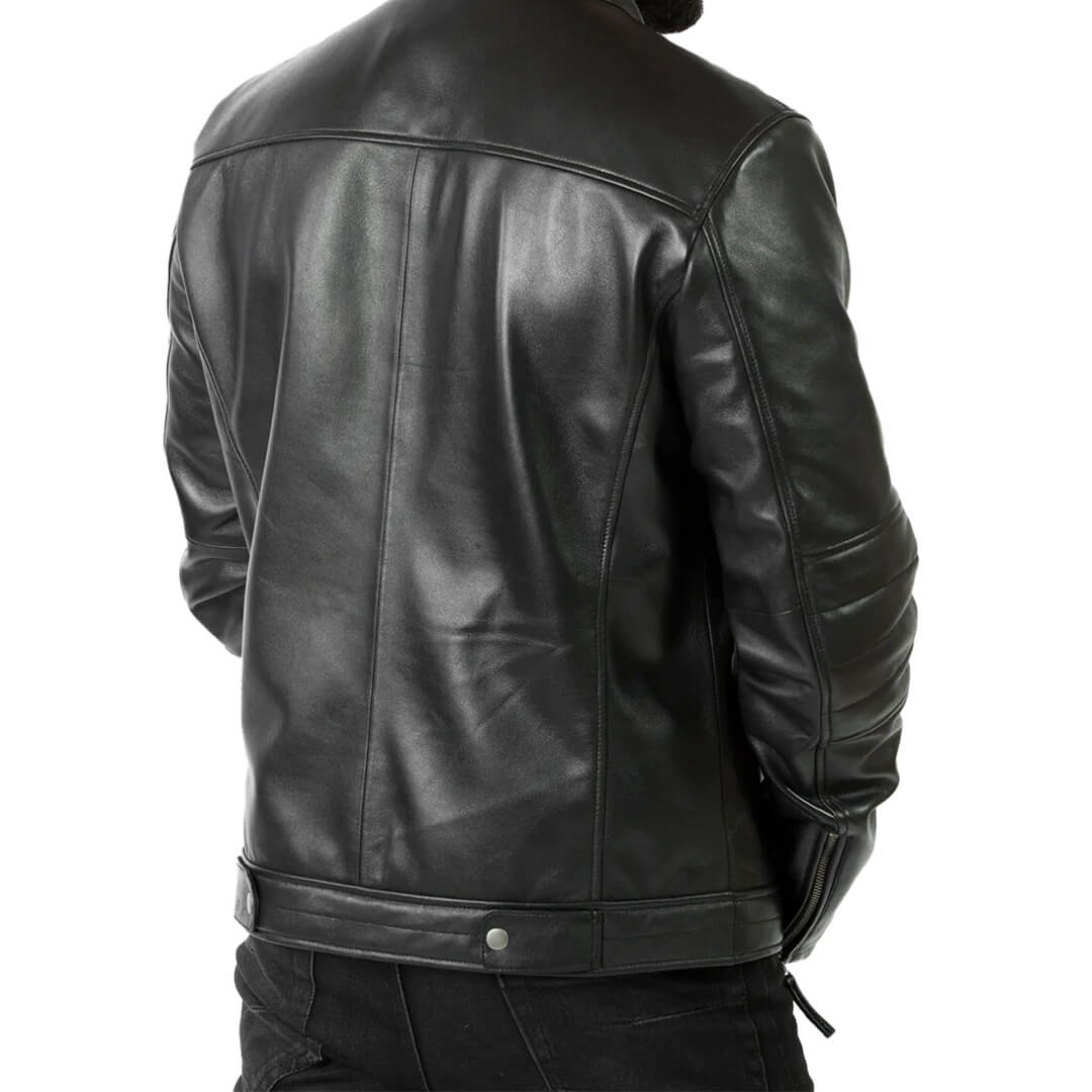 Classic OSCAR men's biker-style premium black leather jacket, showcasing durability and timeless outerwear fashion.