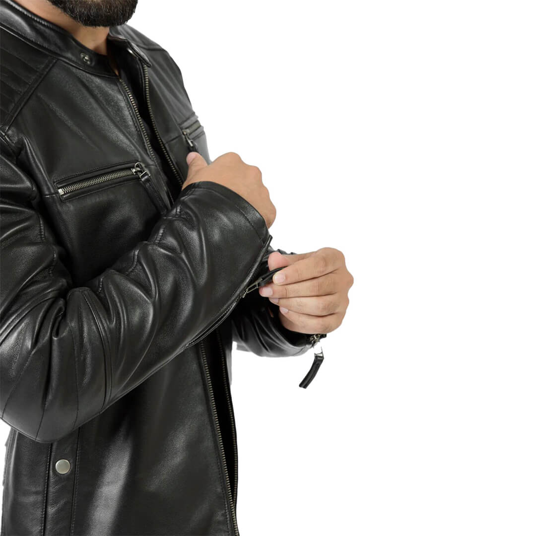 Classic OSCAR men's biker-style premium black leather jacket, showcasing durability and timeless outerwear fashion.