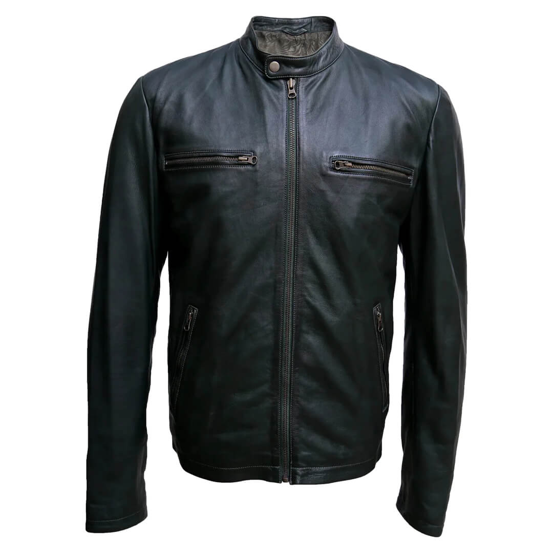 Classic OSCAR men's biker-style premium black leather jacket, showcasing durability and timeless outerwear fashion.