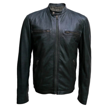 Classic OSCAR men's biker-style premium black leather jacket, showcasing durability and timeless outerwear fashion.