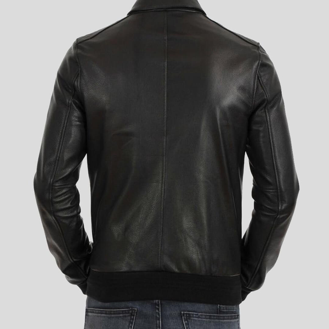 Men's Osian Black Leather Bomber Jacket displaying sleek durability, suitable for both fashionable casual and dressy attire.