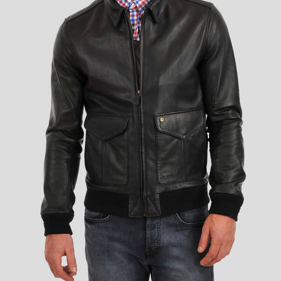 Men's Osian Black Leather Bomber Jacket displaying sleek durability, suitable for both fashionable casual and dressy attire.