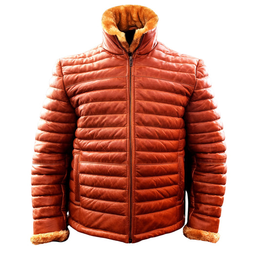 Mens Puffer Jacket Down Lambskin Brown Leather Quilted Jacket with Faux Fur Collar Cuffs Puffer Coat for Man