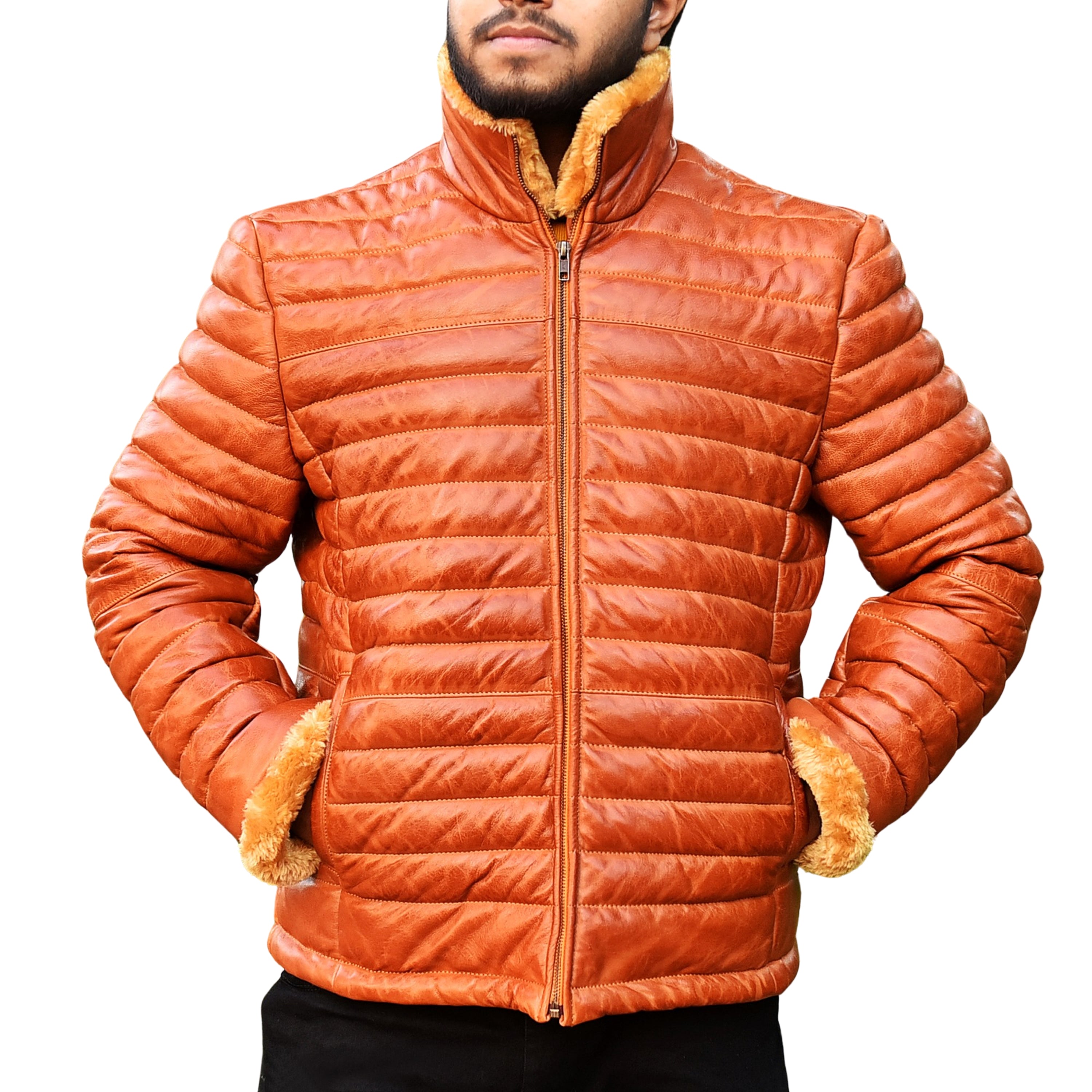 Mens Puffer Jacket Down Lambskin Brown Leather Quilted Jacket with Faux Fur Collar Cuffs Puffer Coat for Man The Jacket Makers