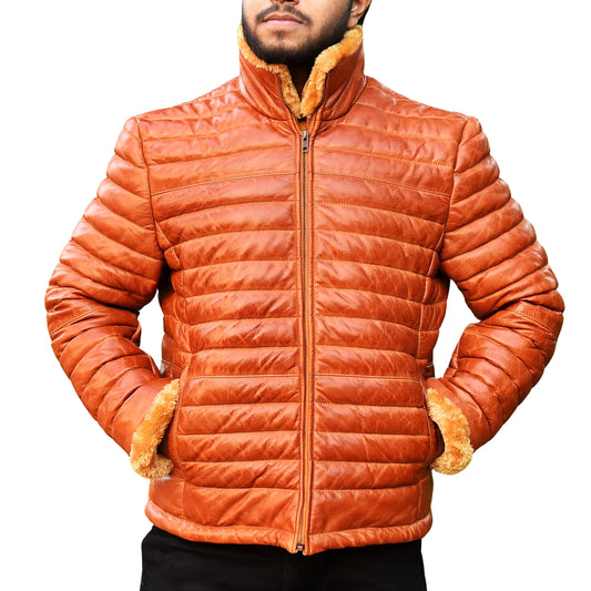 Mens Puffer Jacket Down Lambskin Brown Leather Quilted Jacket with Faux Fur Collar Cuffs Puffer Coat for Man