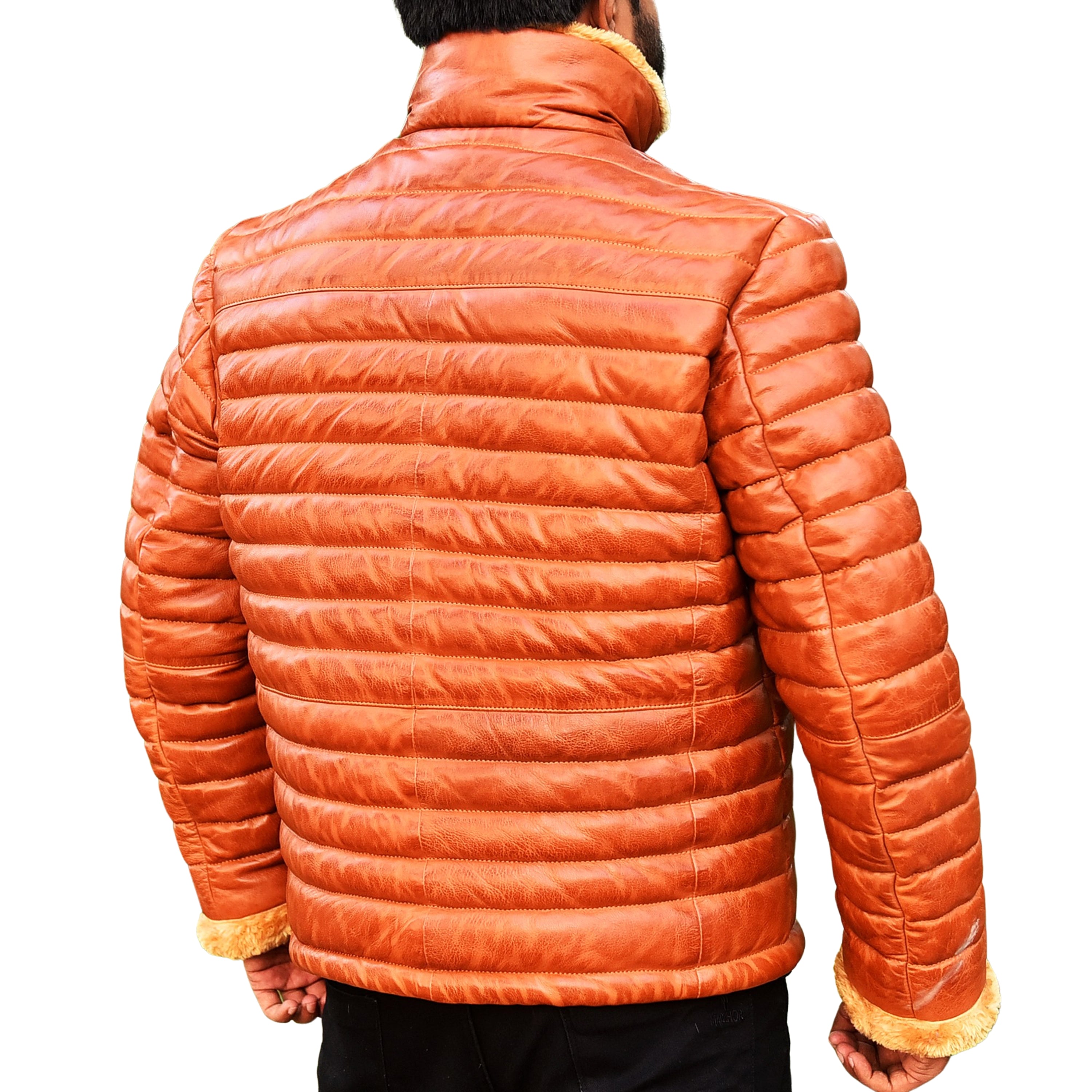 Mens Puffer Jacket Down Lambskin Brown Leather Quilted Jacket with Faux Fur Collar Cuffs Puffer Coat for Man The Jacket Makers