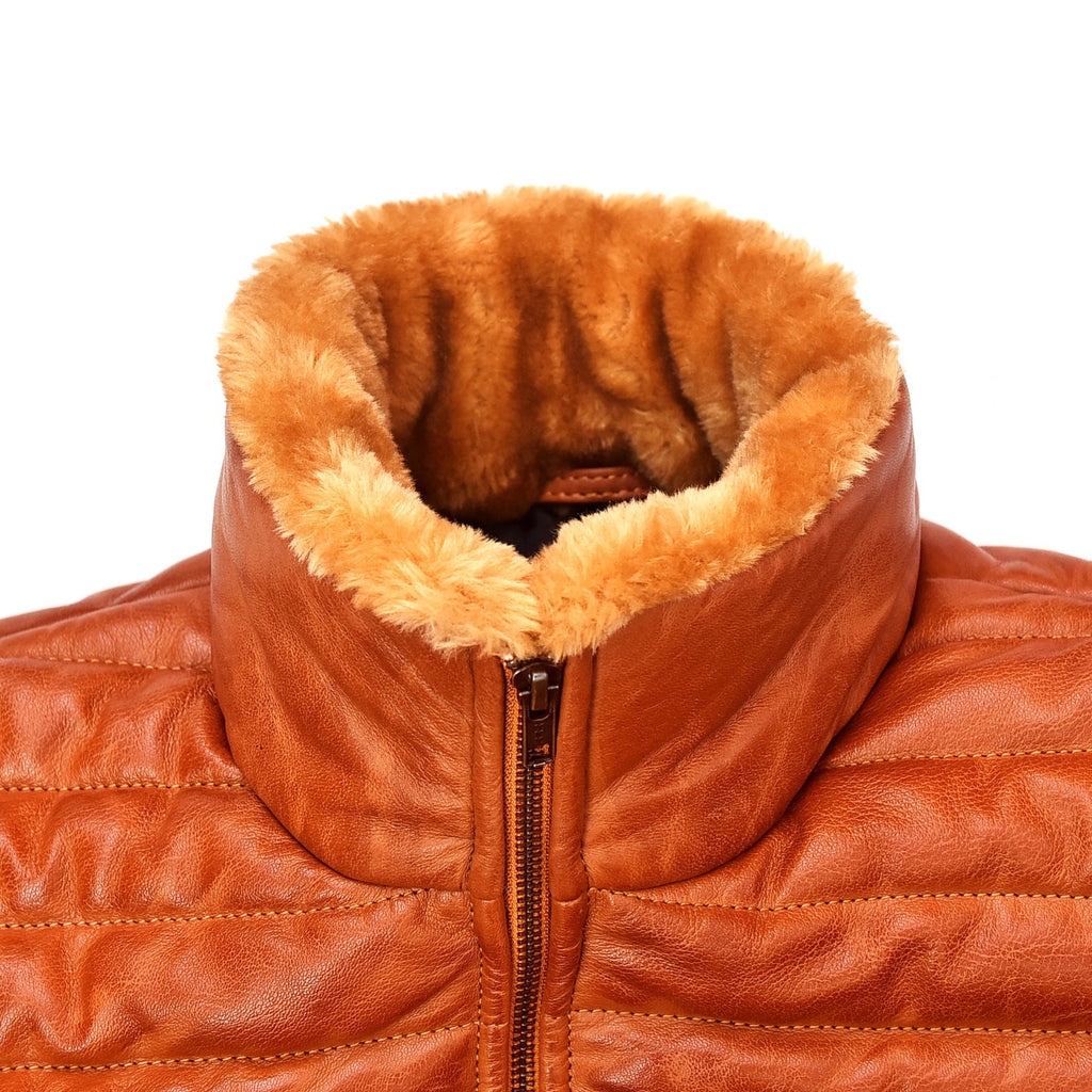 Mens Puffer Jacket Down Lambskin Brown Leather Quilted Jacket with Faux Fur Collar Cuffs Puffer Coat for Man The Jacket Makers