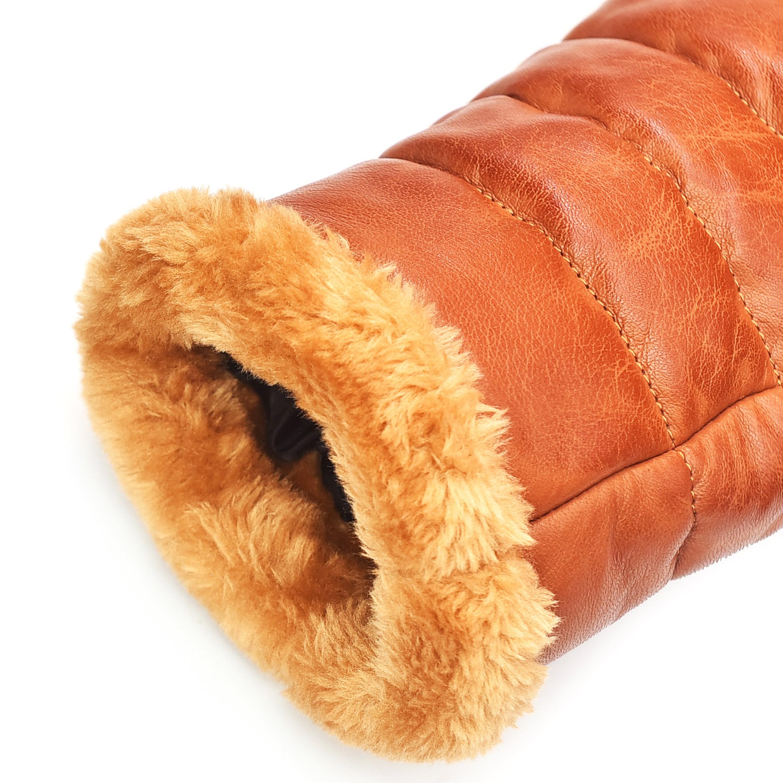 Mens Puffer Jacket Down Lambskin Brown Leather Quilted Jacket with Faux Fur Collar Cuffs Puffer Coat for Man The Jacket Makers