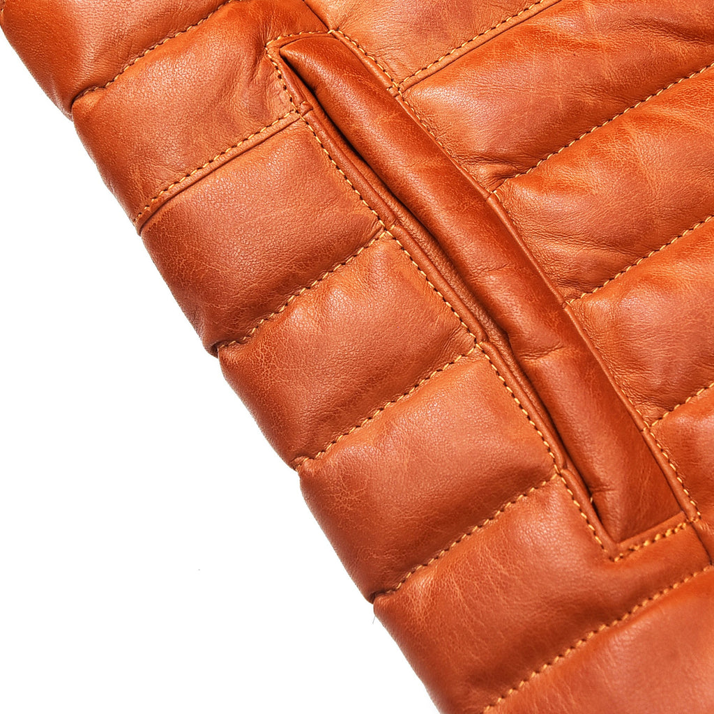 Mens Puffer Jacket Down Lambskin Brown Leather Quilted Jacket with Faux Fur Collar Cuffs Puffer Coat for Man The Jacket Makers