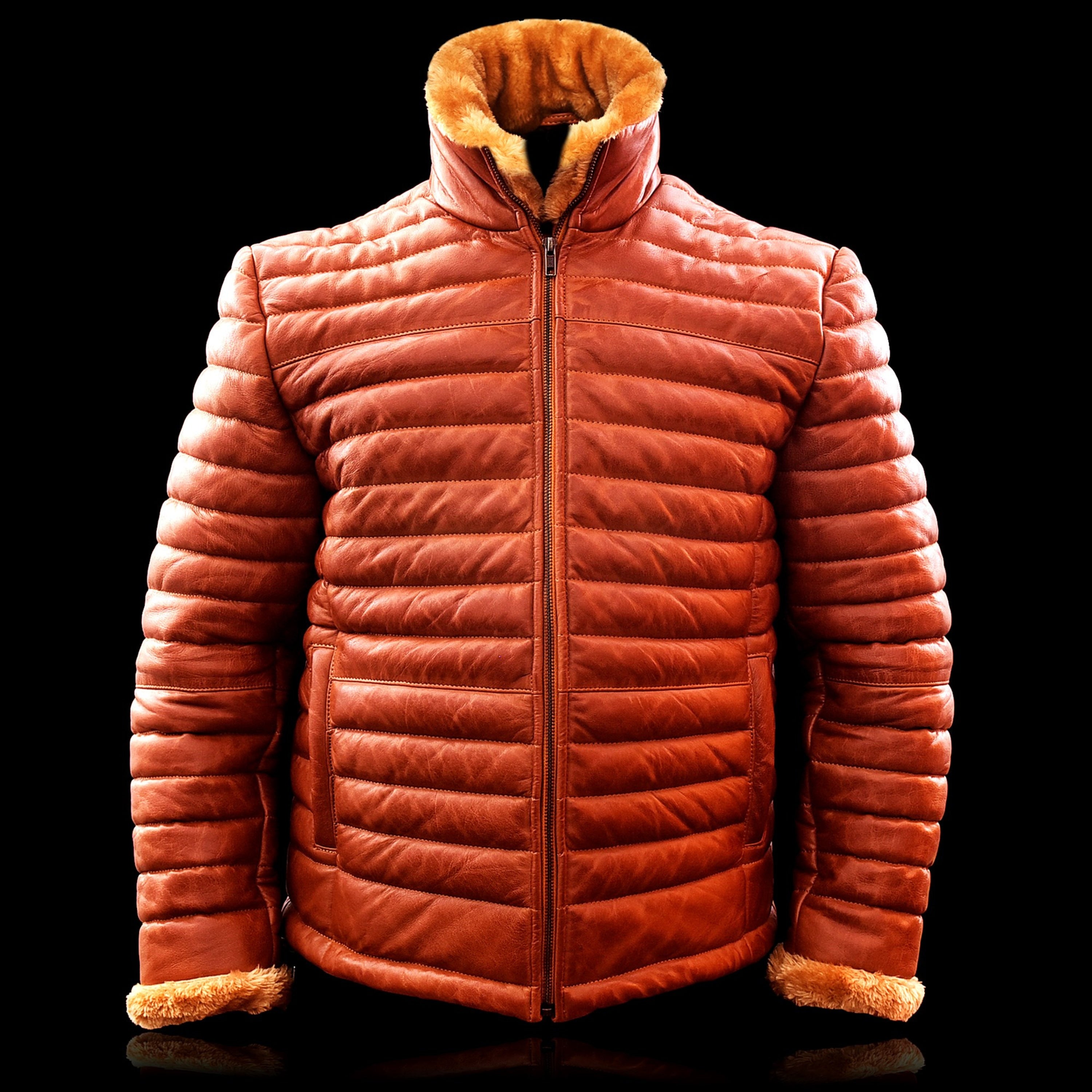 Mens Puffer Jacket Down Lambskin Brown Leather Quilted Jacket with Faux Fur Collar Cuffs Puffer Coat for Man The Jacket Makers