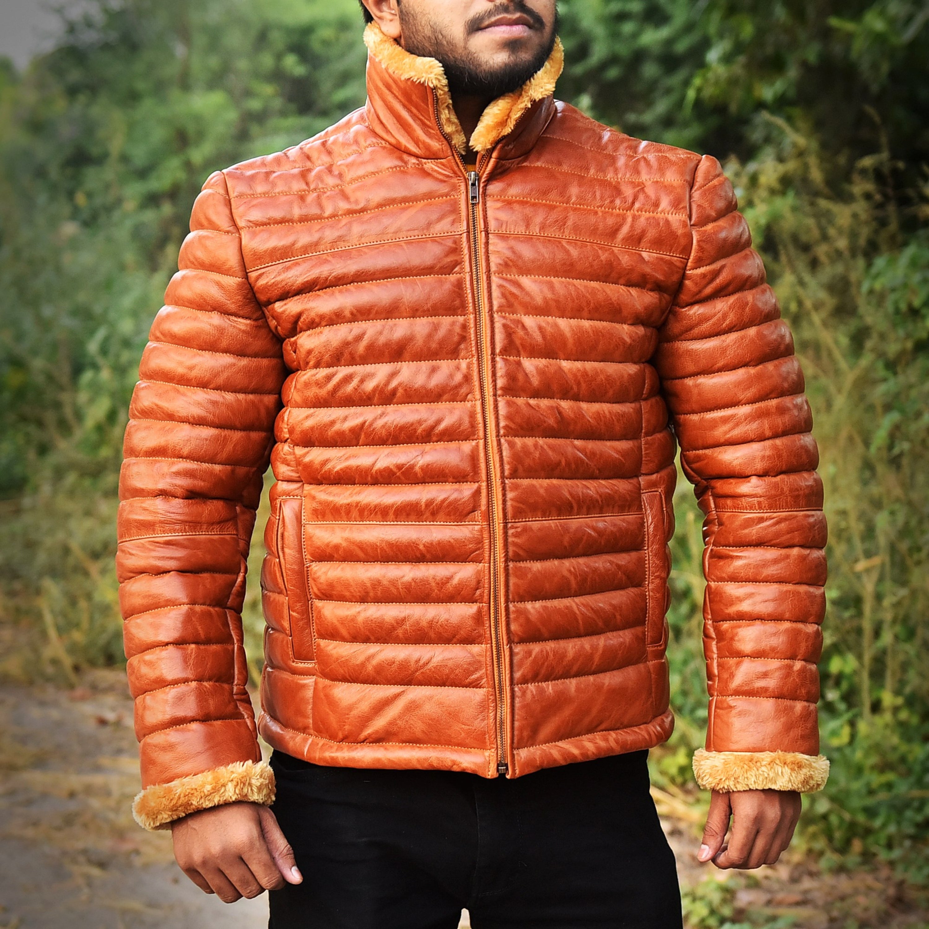 Mens Puffer Jacket Down Lambskin Brown Leather Quilted Jacket with Faux Fur Collar Cuffs Puffer Coat for Man The Jacket Makers