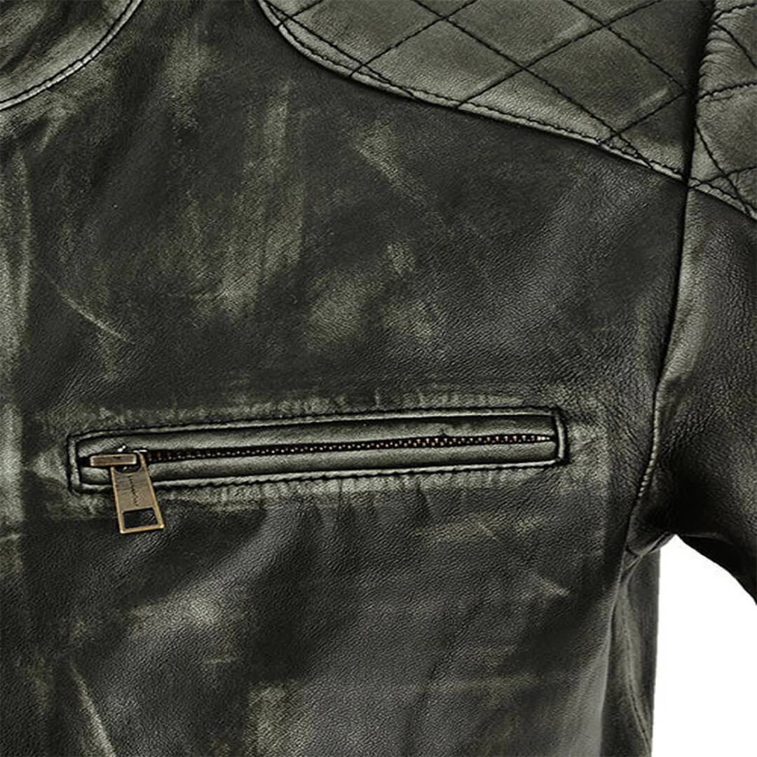 Elegant royal shaded leather jacket with a tailored fit, epitomizing luxurious and stylish men's outerwear.