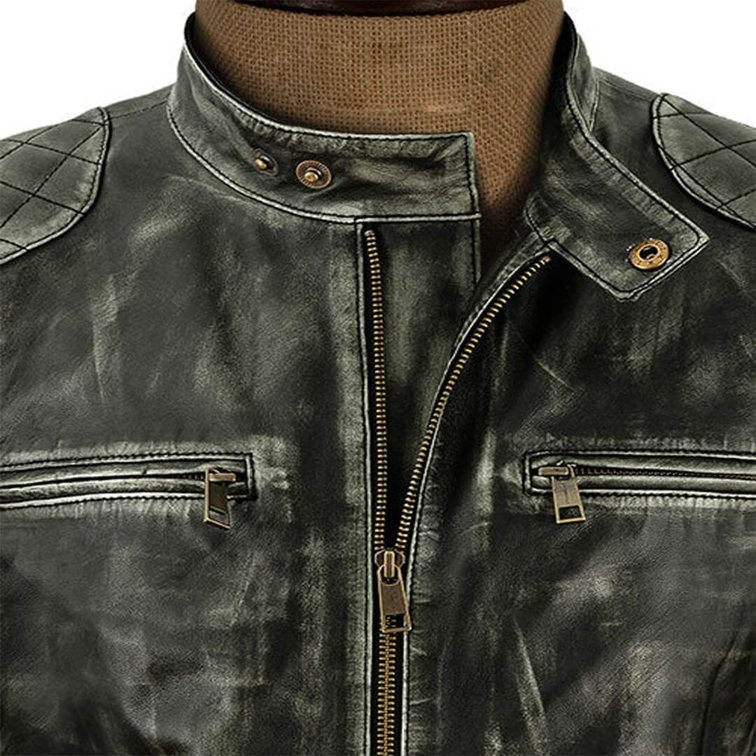 Elegant royal shaded leather jacket with a tailored fit, epitomizing luxurious and stylish men's outerwear.