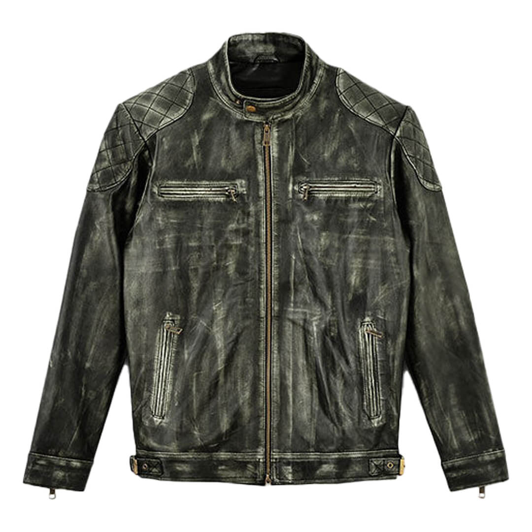 Elegant royal shaded leather jacket with a tailored fit, epitomizing luxurious and stylish men's outerwear.