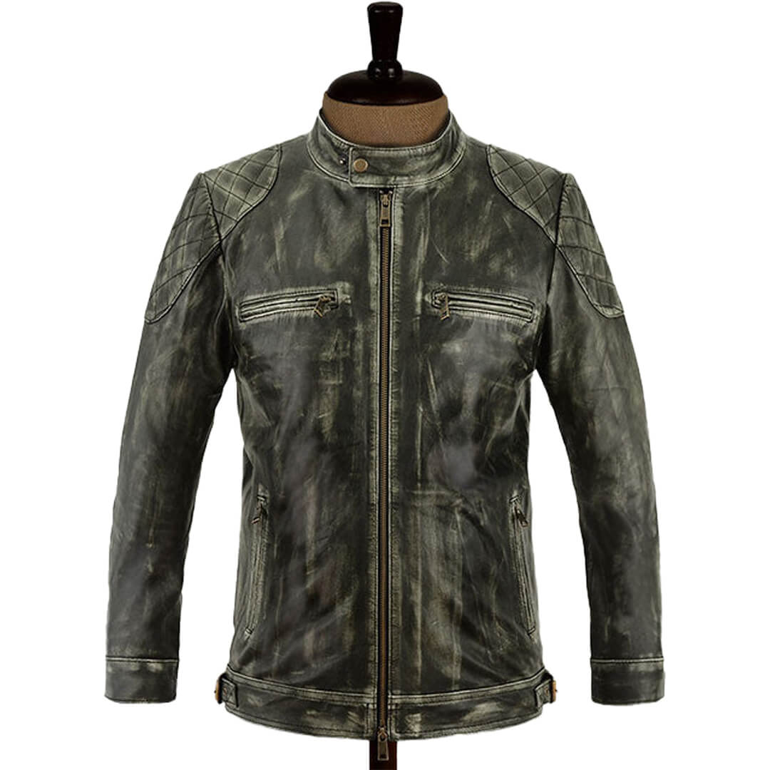 Elegant royal shaded leather jacket with a tailored fit, epitomizing luxurious and stylish men's outerwear.