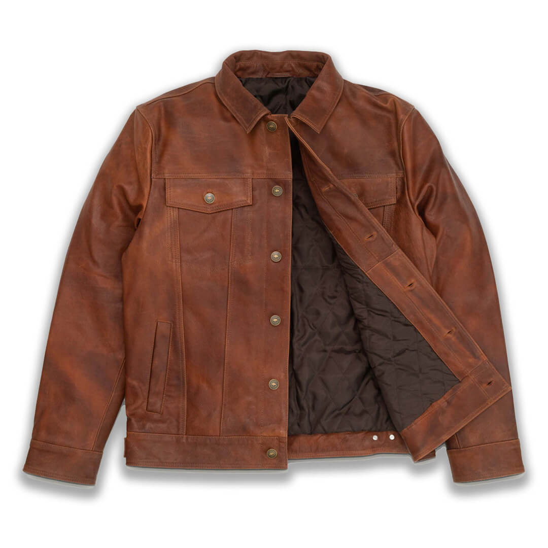 Men's Ryker leather jacket in brown with stylish shading, durable design, perfect for enhancing any casual outfit.