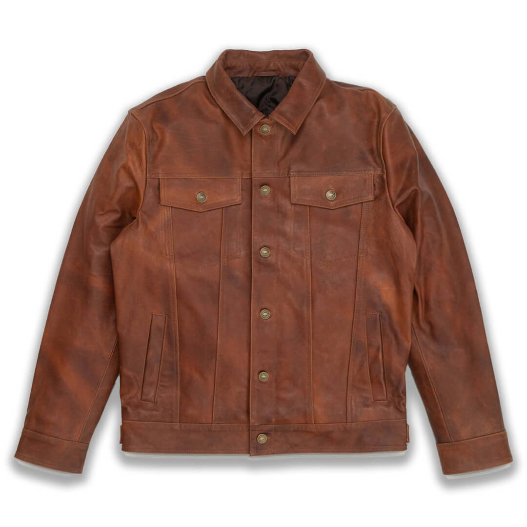 Men's Ryker leather jacket in brown with stylish shading, durable design, perfect for enhancing any casual outfit.