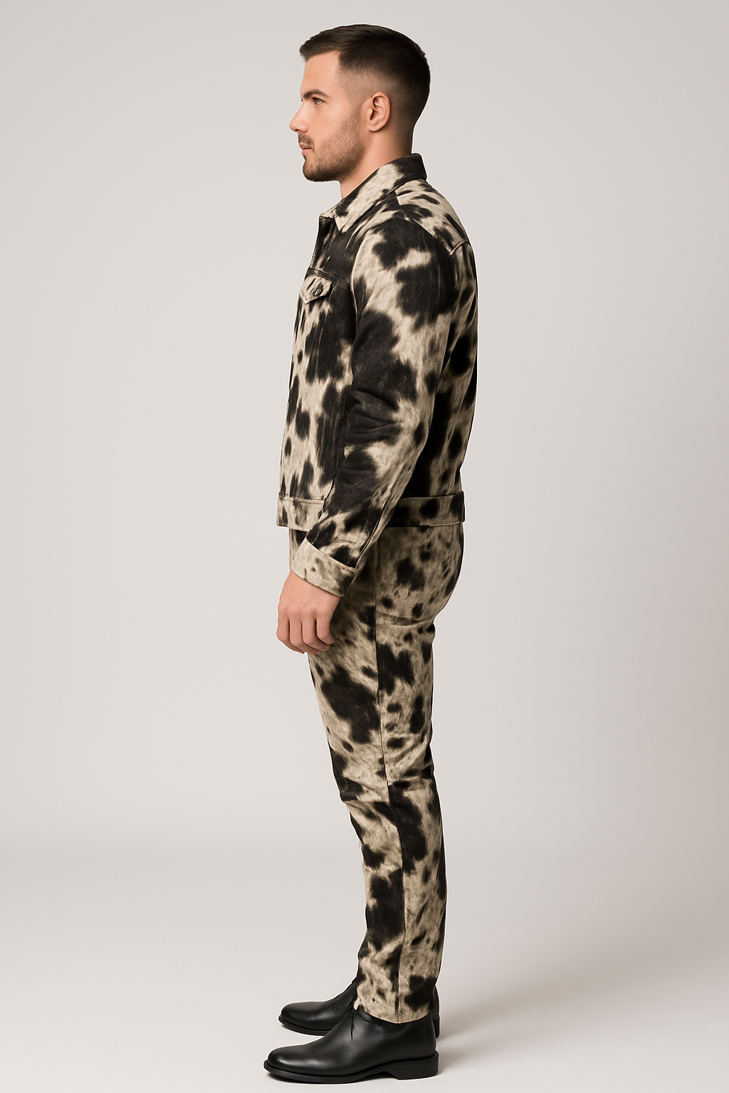 side view cow print outfit, men’s western style clothing, fur jacket pants set, male fashion photoshoot