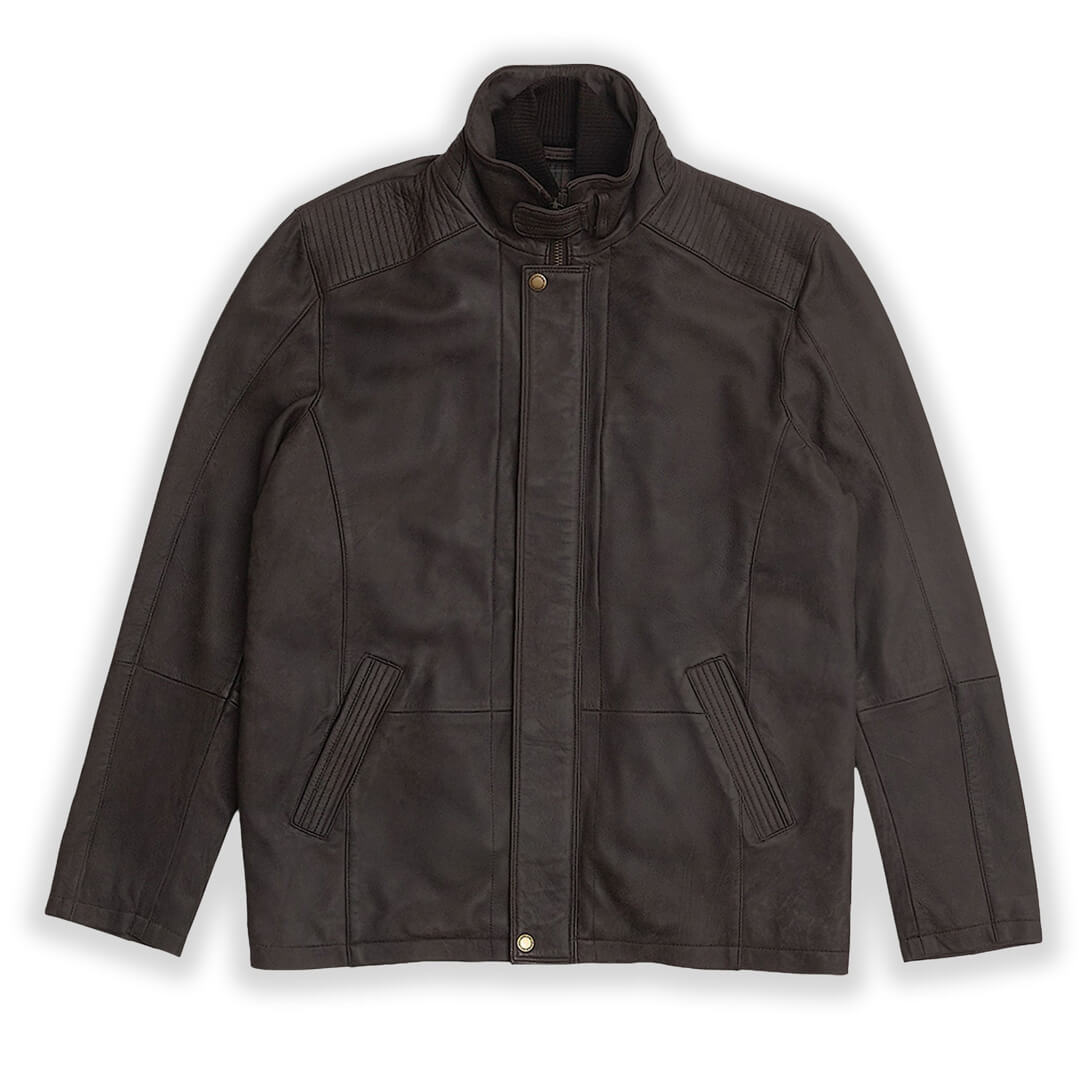 Vintage-inspired handcrafted snuff leather jacket with distressed finish for a stylish, timeless look.