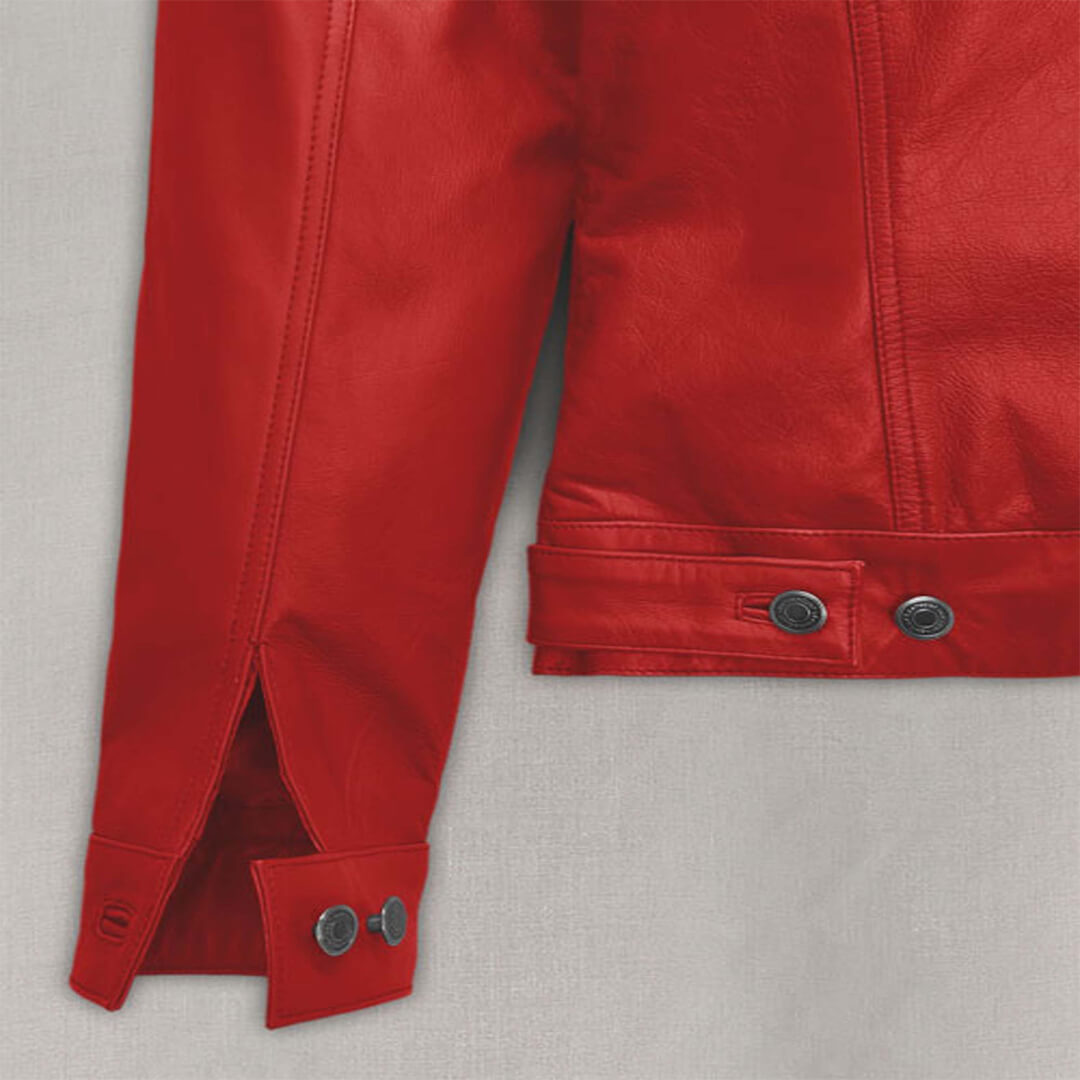 Man sporting a stylish red slim-fit leather jacket for a fashionable biker look, designed to keep you warm and on-trend.