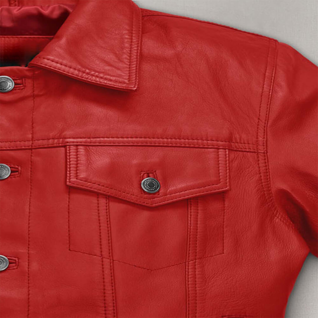 Man sporting a stylish red slim-fit leather jacket for a fashionable biker look, designed to keep you warm and on-trend.