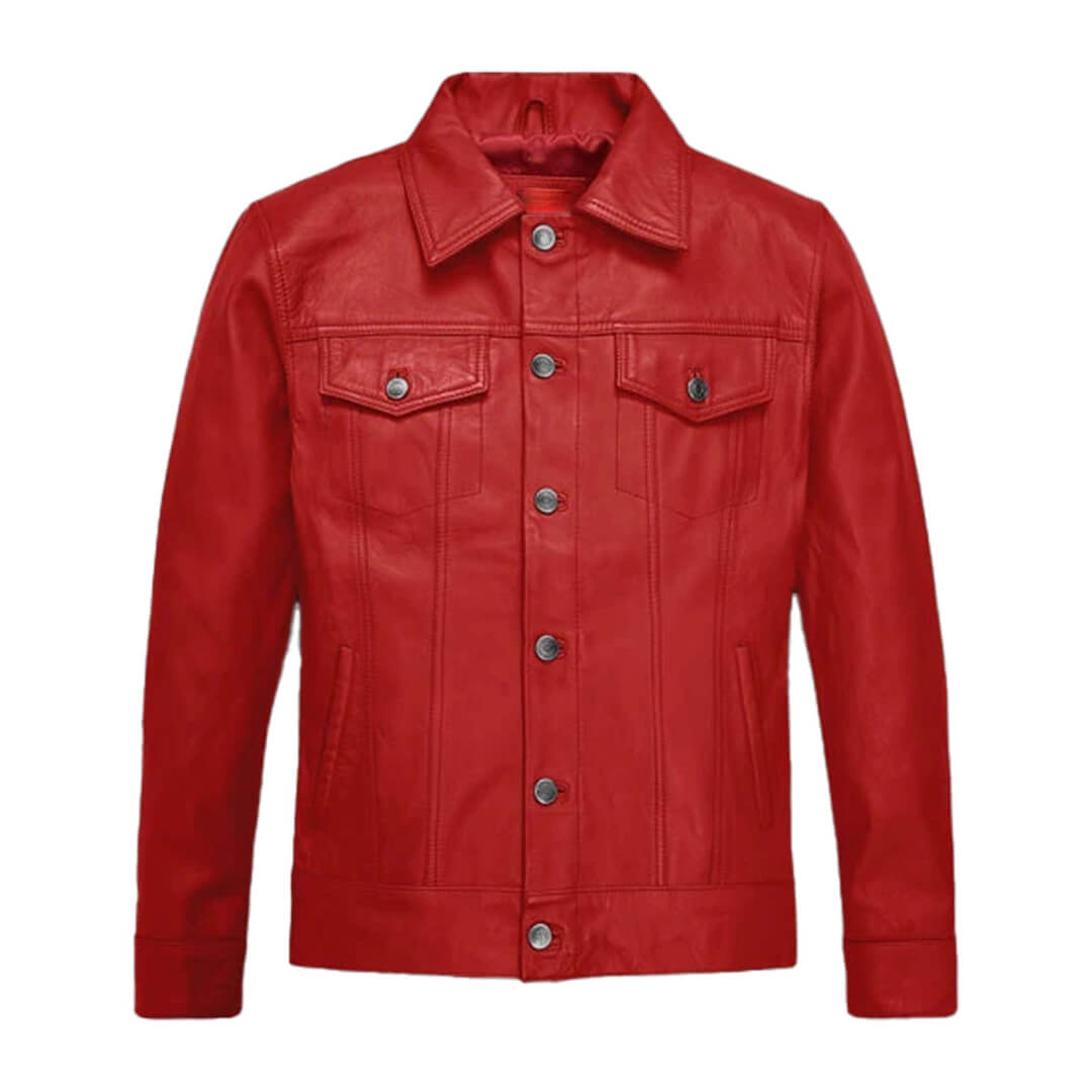 Man sporting a stylish red slim-fit leather jacket for a fashionable biker look, designed to keep you warm and on-trend.