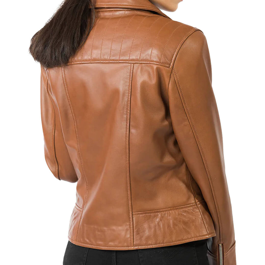 Stylish woman's brown leather biker jacket showcasing classic fit and durability, ideal for trendy and resilient fashion outerwear.
