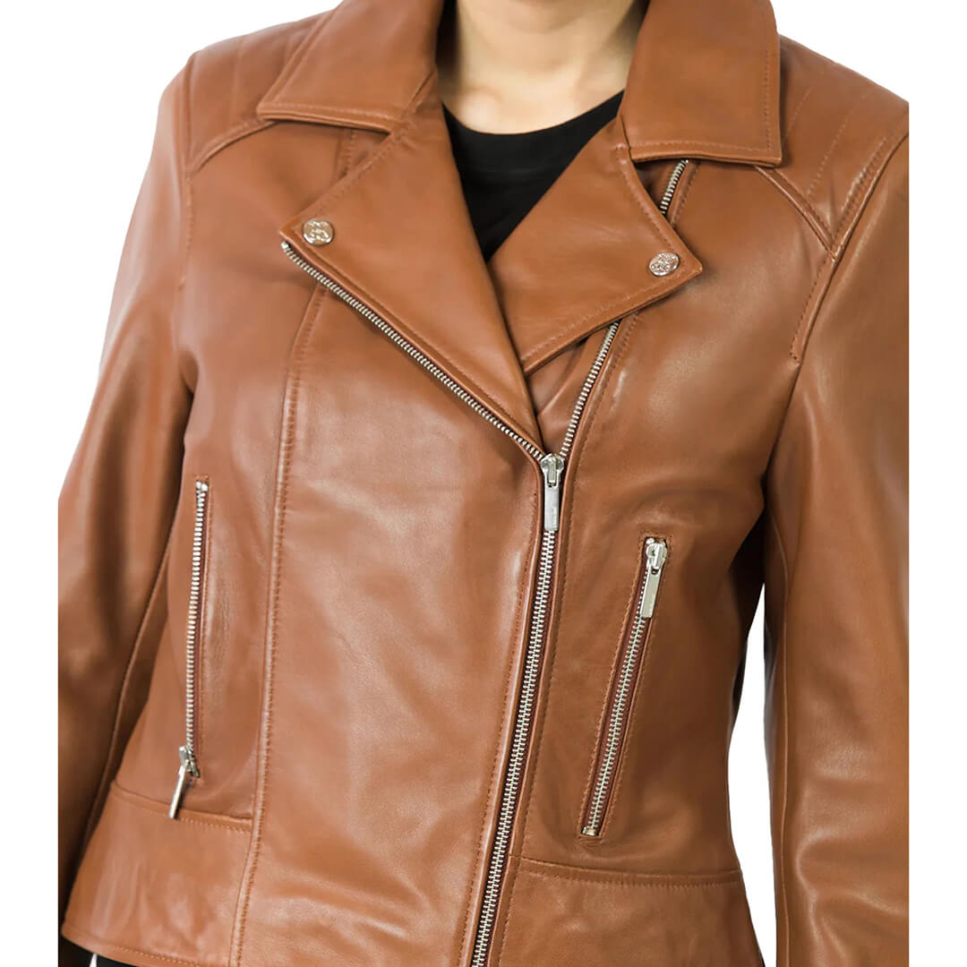 Stylish woman's brown leather biker jacket showcasing classic fit and durability, ideal for trendy and resilient fashion outerwear.