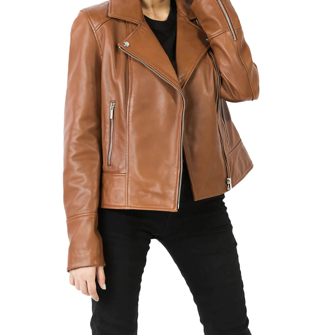 Stylish woman's brown leather biker jacket showcasing classic fit and durability, ideal for trendy and resilient fashion outerwear.