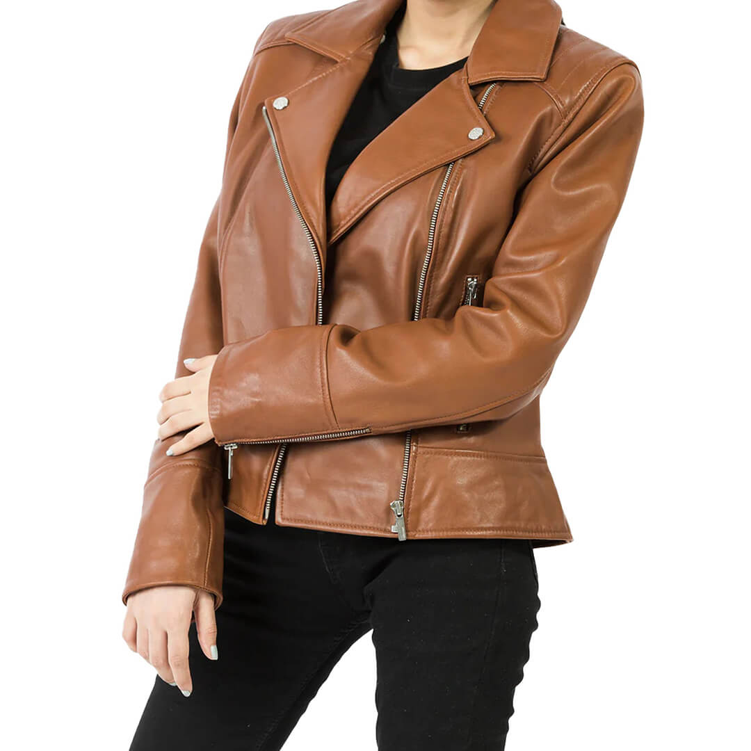 Stylish woman's brown leather biker jacket showcasing classic fit and durability, ideal for trendy and resilient fashion outerwear.