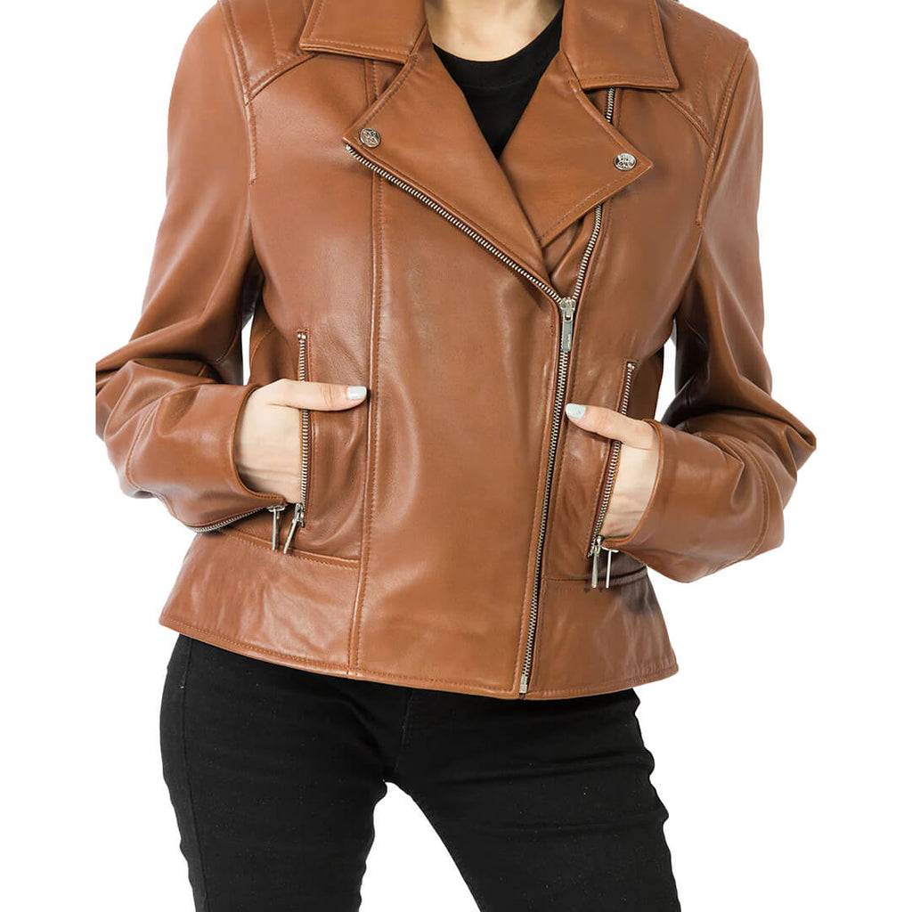 Stylish woman's brown leather biker jacket showcasing classic fit and durability, ideal for trendy and resilient fashion outerwear.