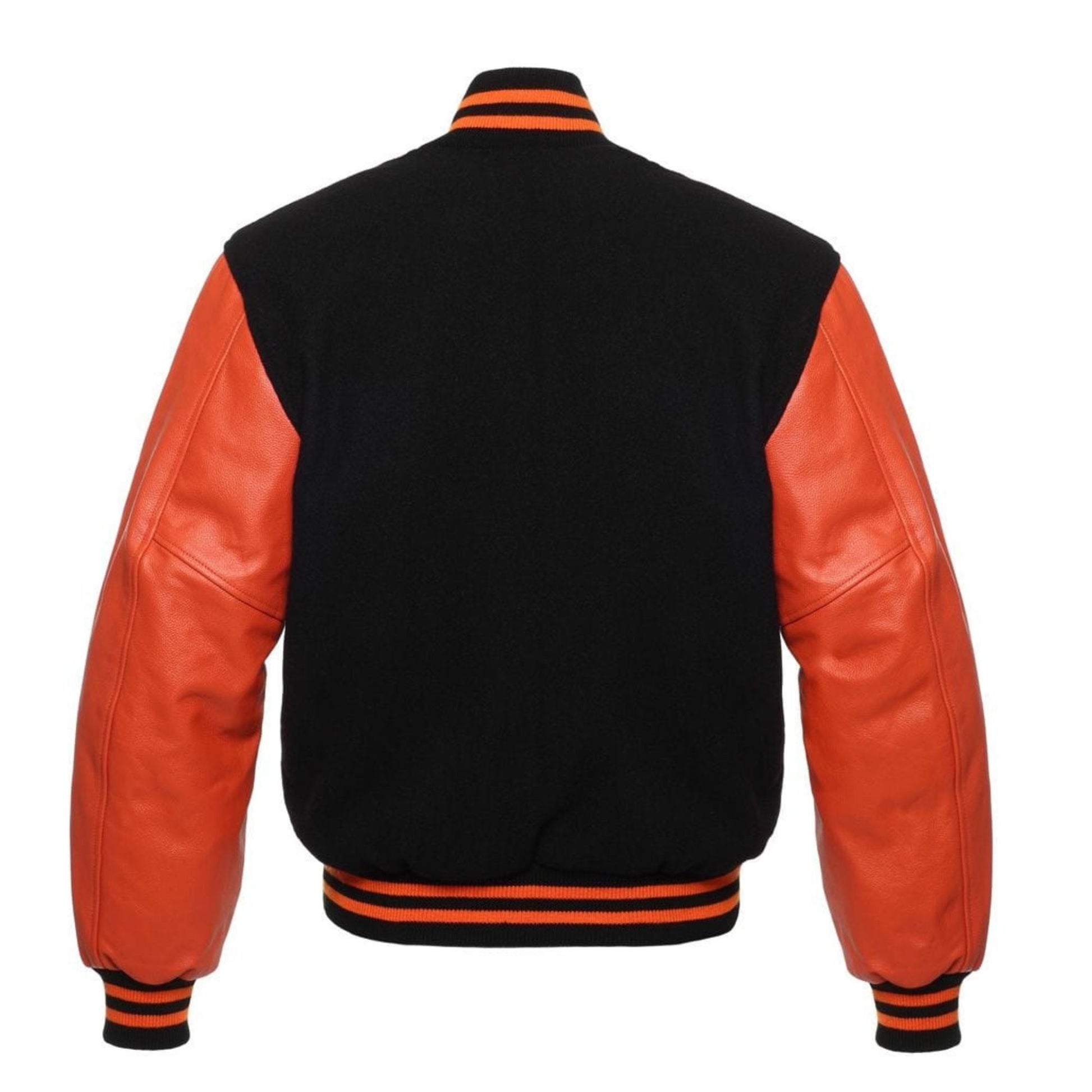 A black varsity jacket with Orange leather sleeves. The jacket has yellow and black striped cuffs, collar, and waistband.