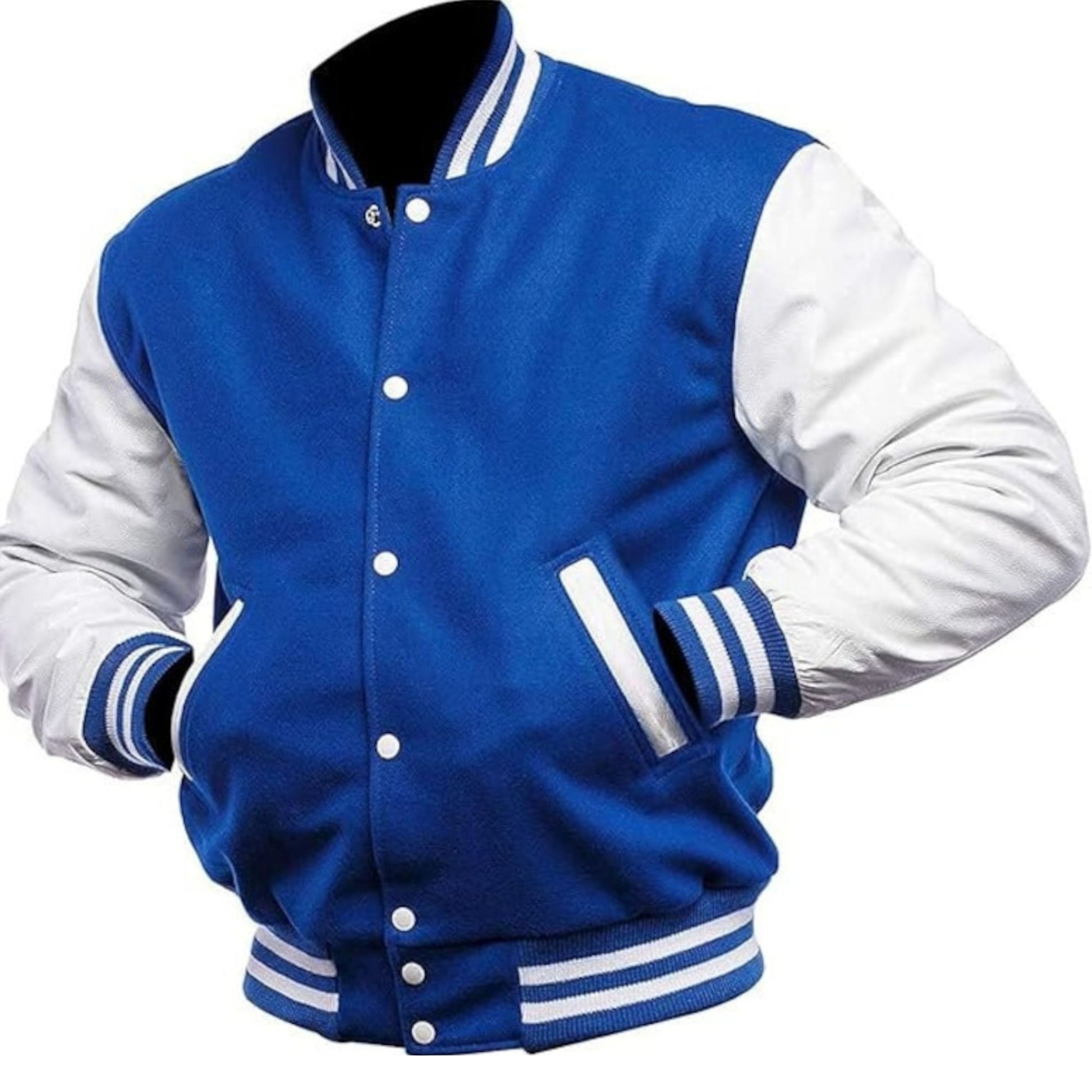 A Blue varsity jacket with White leather sleeves. The jacket has yellow and black striped cuffs, collar, and waistband.