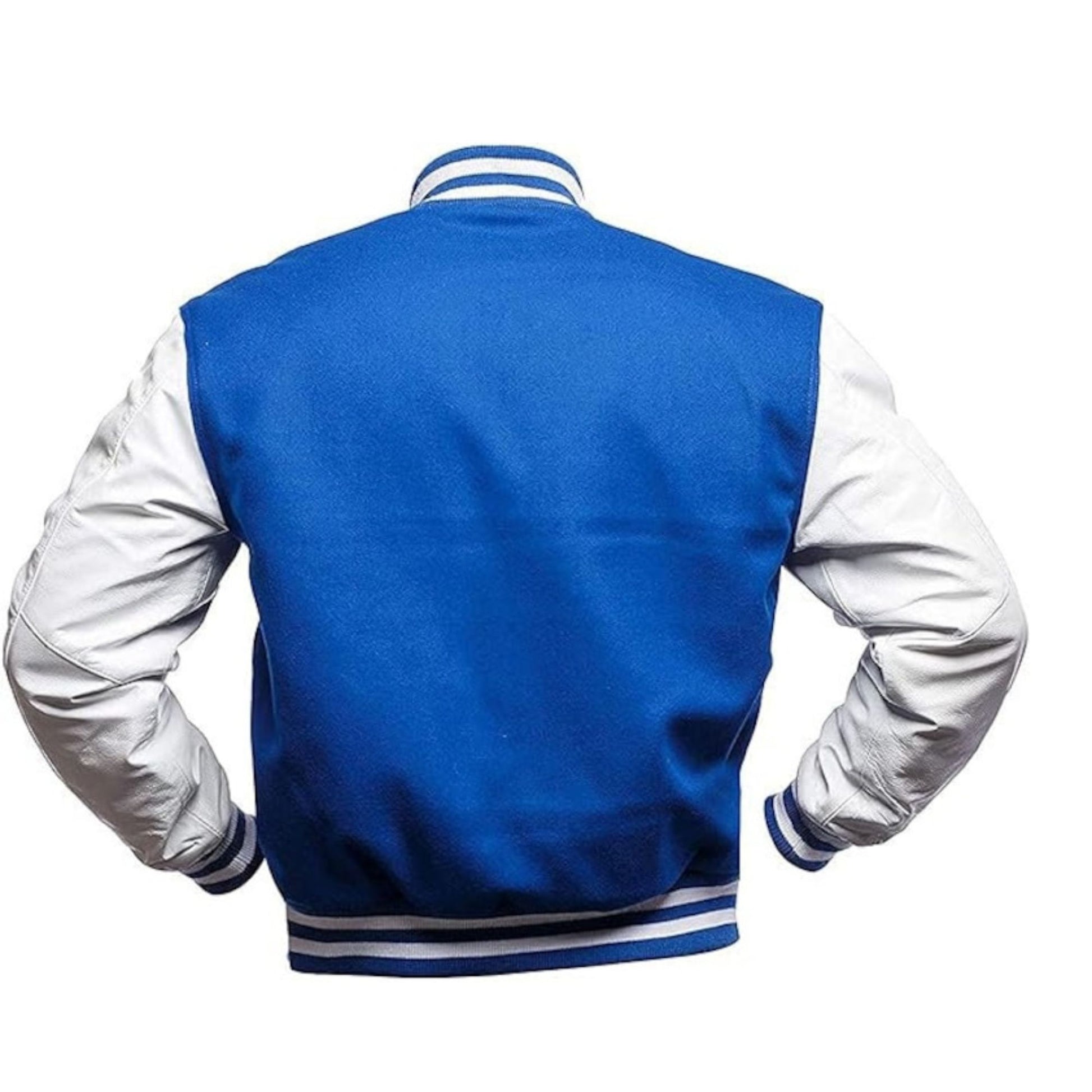 A Blue varsity jacket with White leather sleeves. The jacket has yellow and black striped cuffs, collar, and waistband.