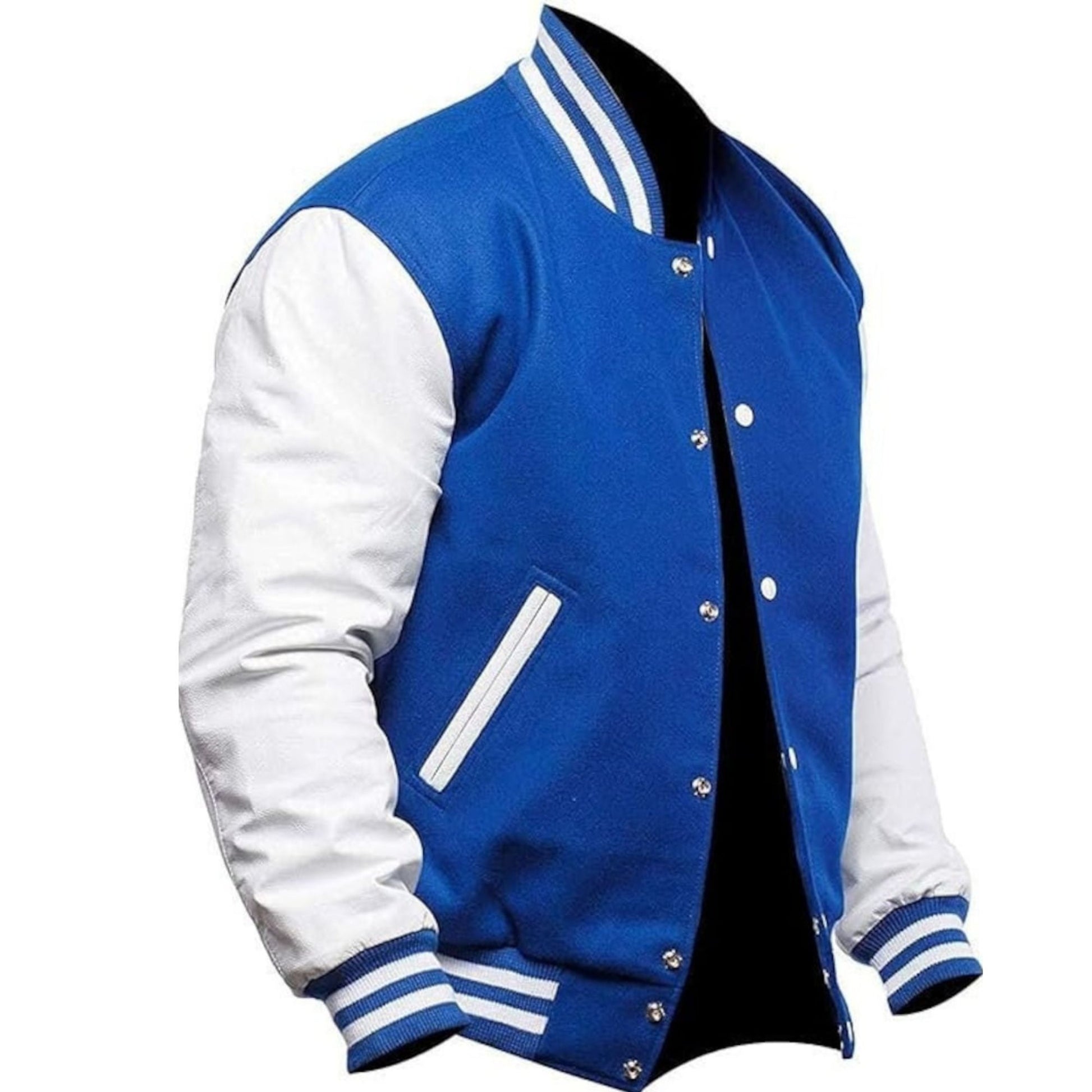 A Blue varsity jacket with White leather sleeves. The jacket has yellow and black striped cuffs, collar, and waistband.