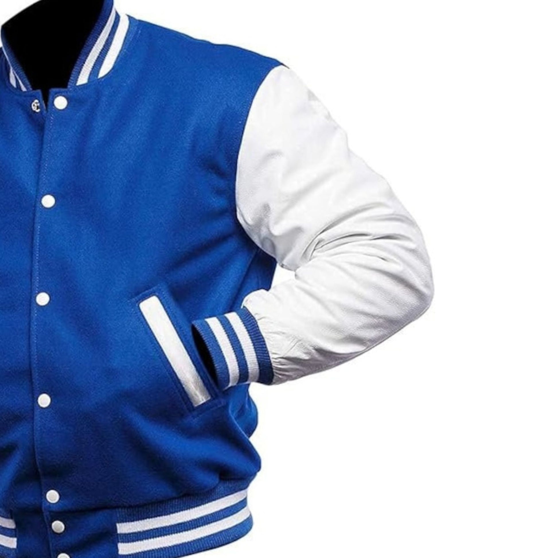 A Blue varsity jacket with White leather sleeves. The jacket has yellow and black striped cuffs, collar, and waistband.