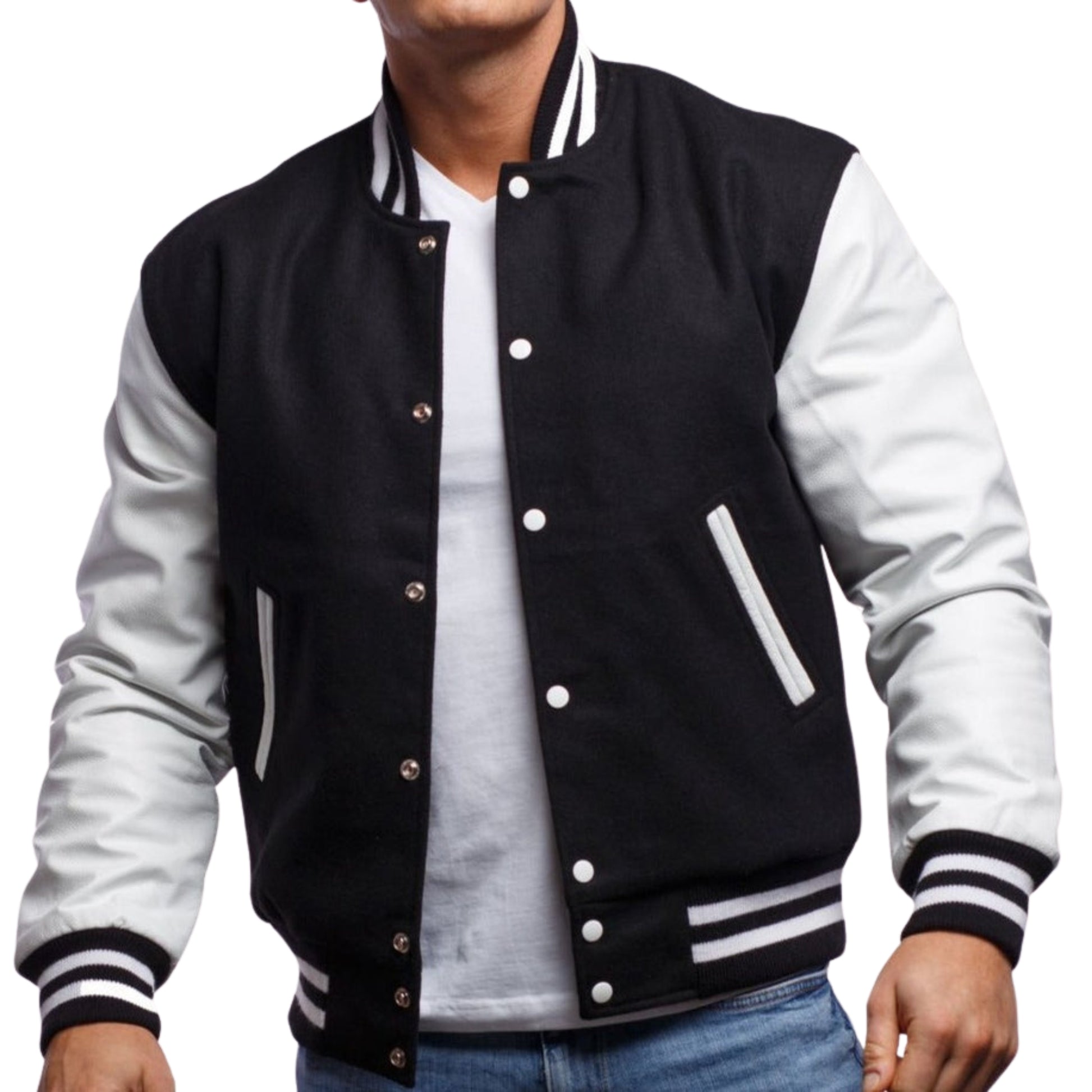 A black varsity jacket with white leather sleeves. The jacket has yellow and black striped cuffs, collar, and waistband.