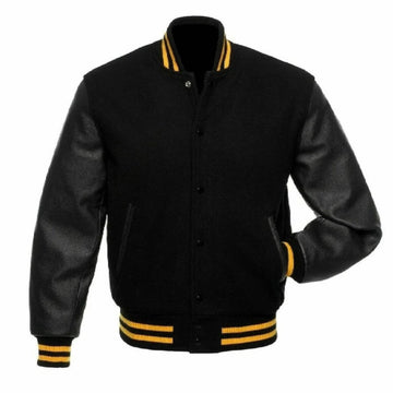 A black varsity jacket with leather sleeves. The jacket has yellow and black striped cuffs, collar, and waistband.