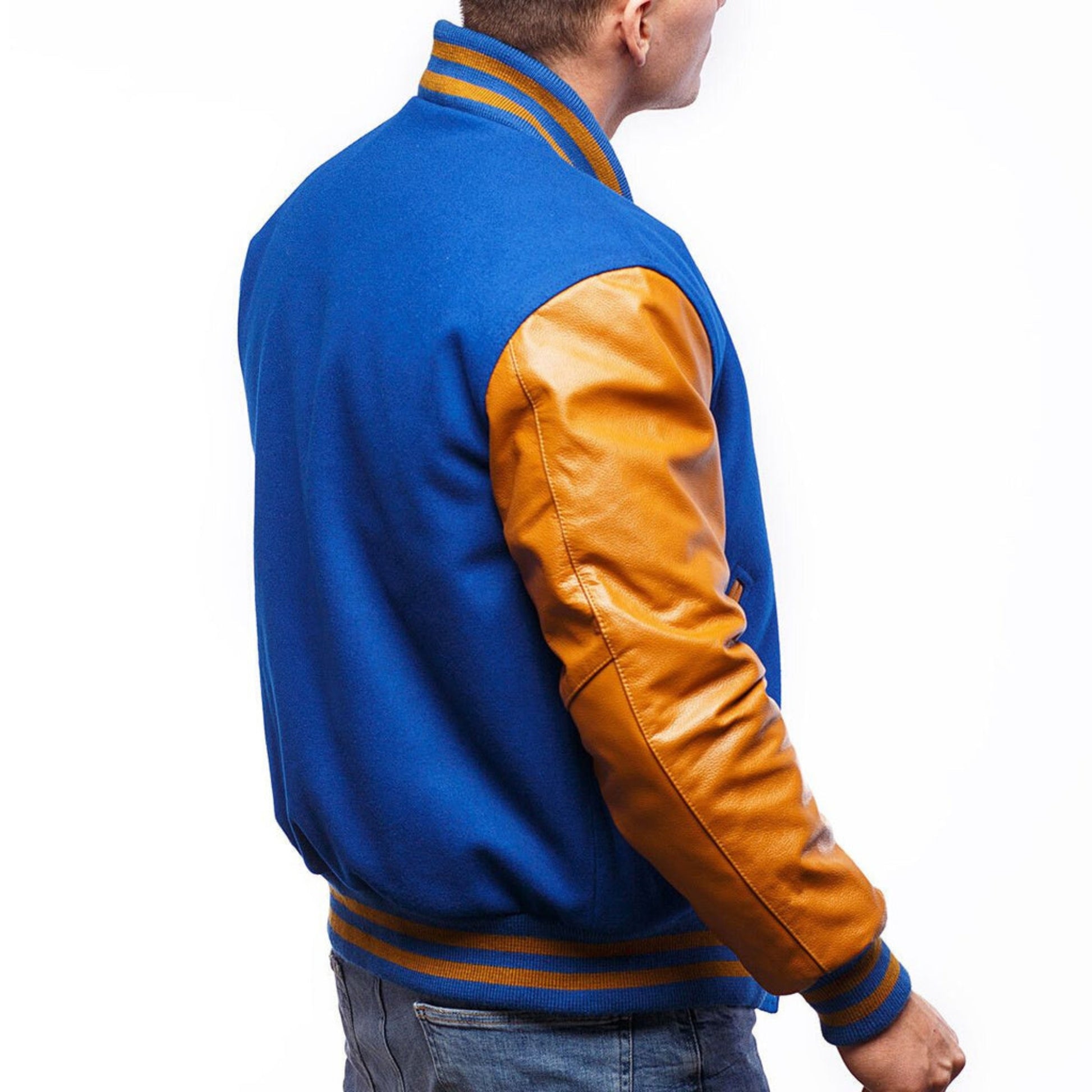 A Royal Blue varsity jacket with Yellow leather sleeves. The jacket has yellow and black striped cuffs, collar, and waistband.