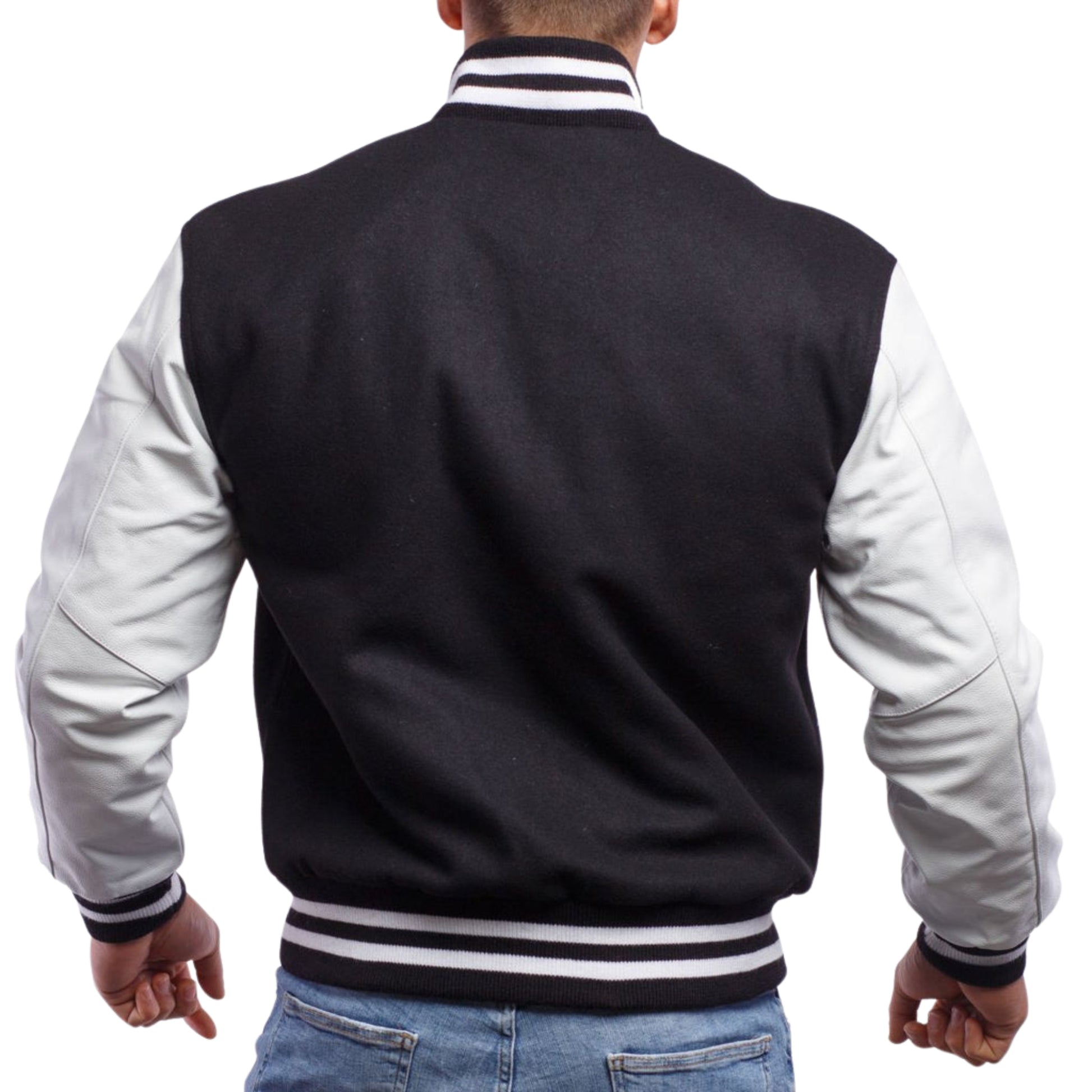 A black varsity jacket with white leather sleeves. The jacket has yellow and black striped cuffs, collar, and waistband.