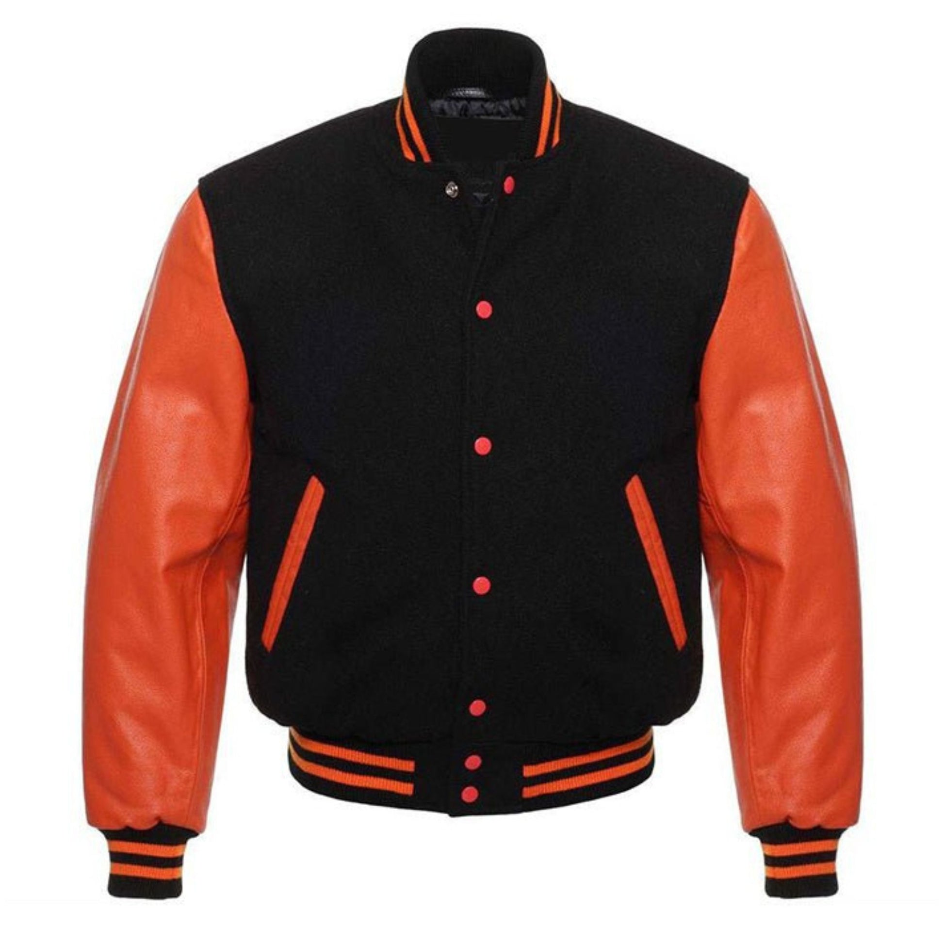 A black varsity jacket with Orange leather sleeves. The jacket has yellow and black striped cuffs, collar, and waistband.