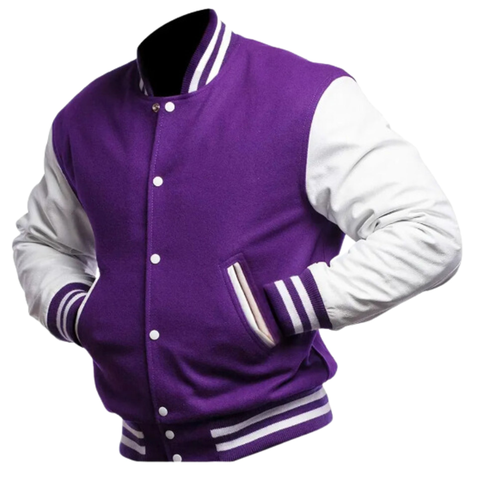 A Purple varsity jacket with White  leather sleeves. The jacket has yellow and black striped cuffs, collar, and waistband.