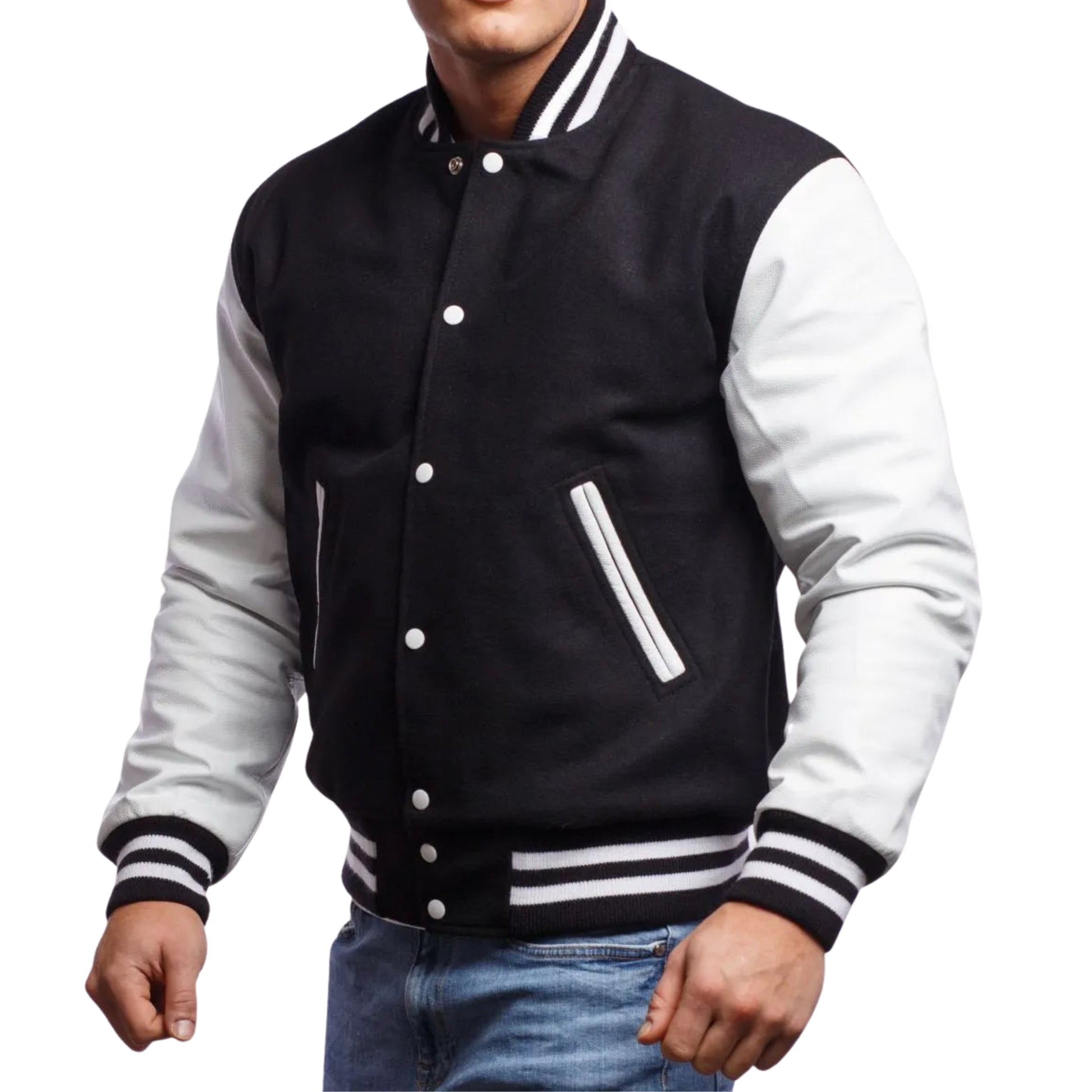 A black varsity jacket with white leather sleeves. The jacket has yellow and black striped cuffs, collar, and waistband.