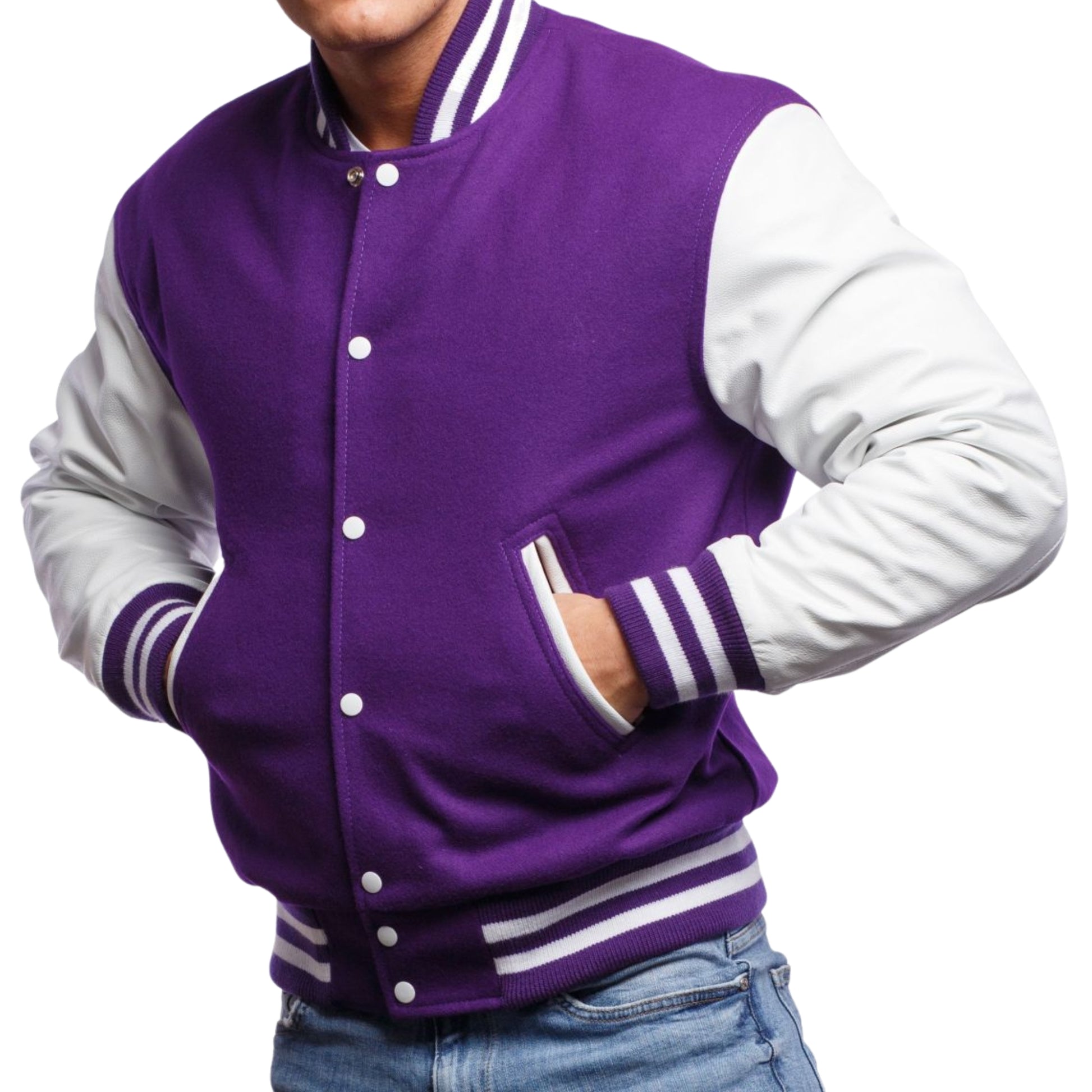 A Purple varsity jacket with White  leather sleeves. The jacket has yellow and black striped cuffs, collar, and waistband.