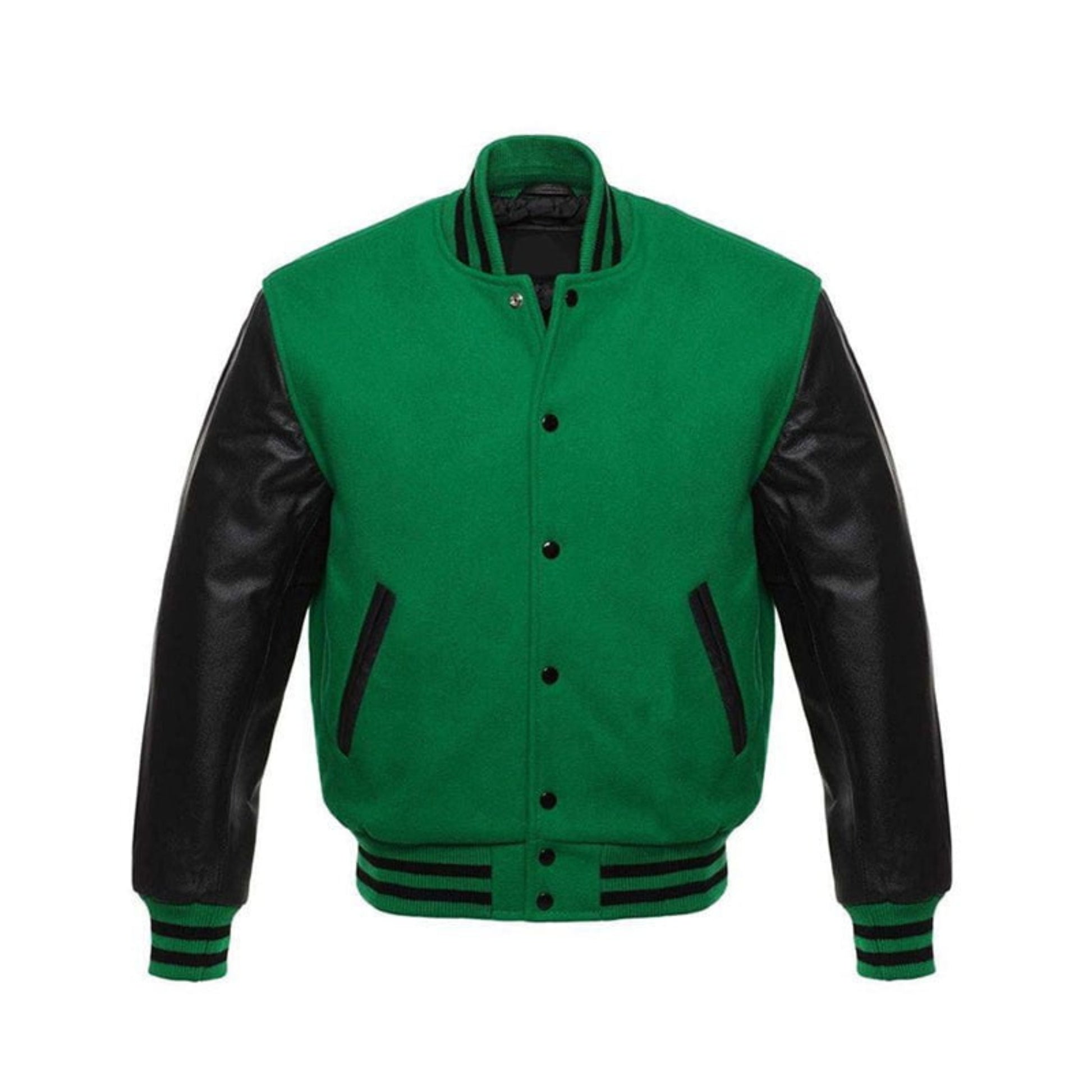 A Green varsity jacket with Black leather sleeves. The jacket has yellow and black striped cuffs, collar, and waistband.