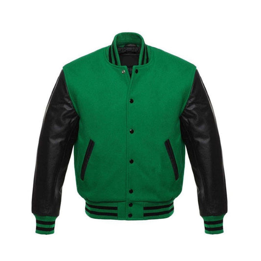 Green Varsity Jacket Men's Real Black Leather Sleeves