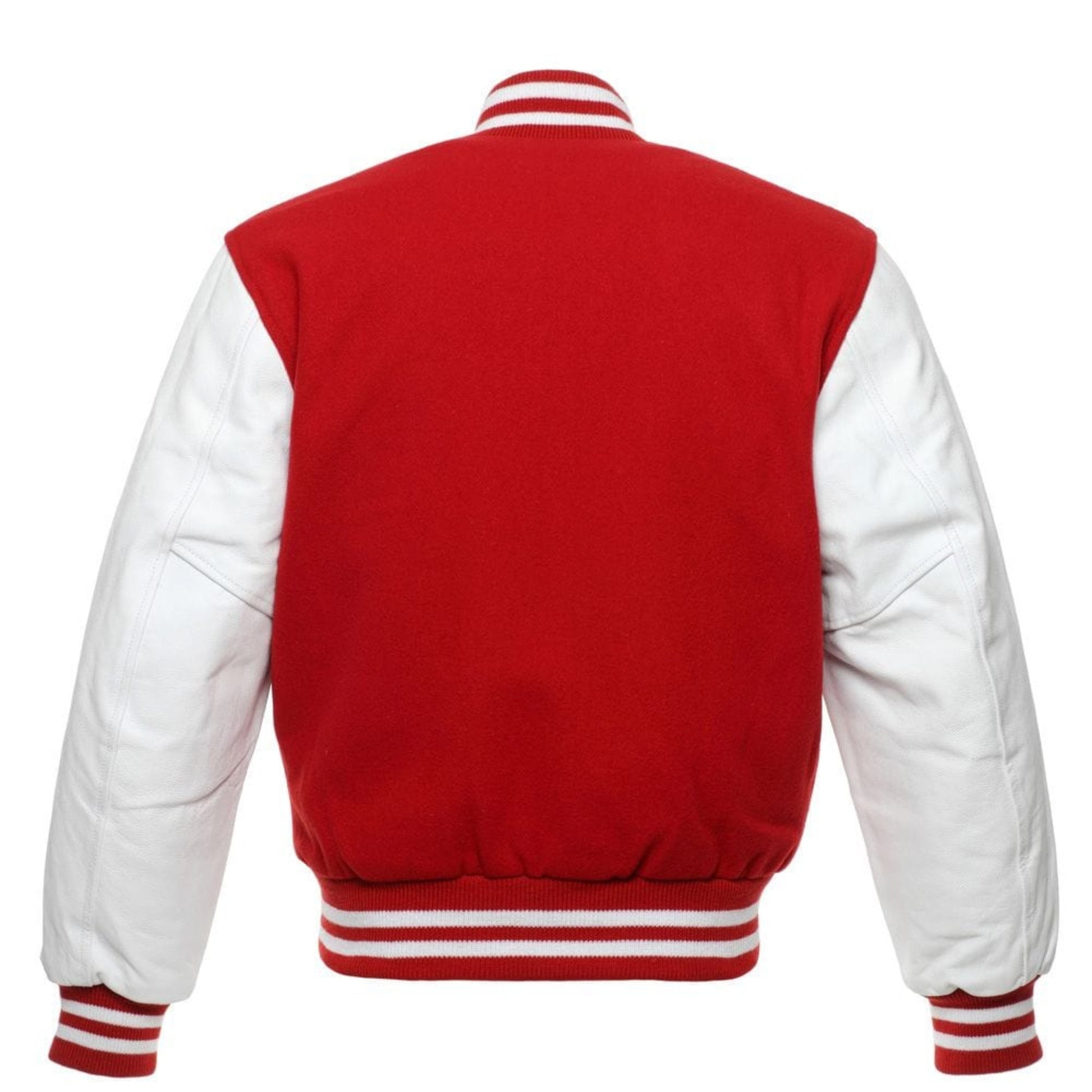 A Red varsity jacket with White leather sleeves. The jacket has yellow and black striped cuffs, collar, and waistband.