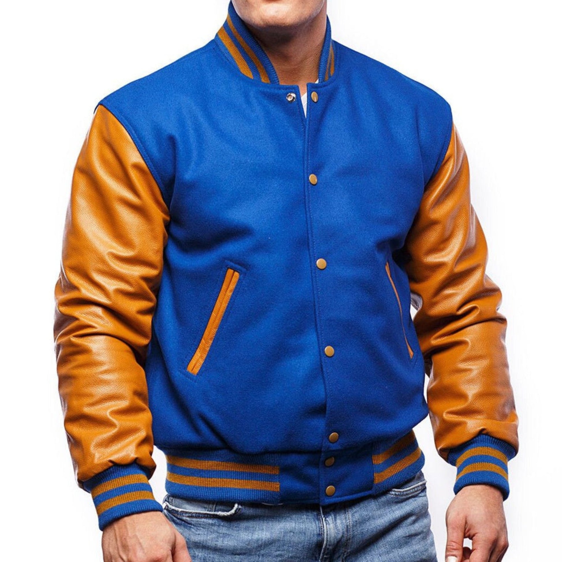 A Royal Blue varsity jacket with Yellow leather sleeves. The jacket has yellow and black striped cuffs, collar, and waistband.