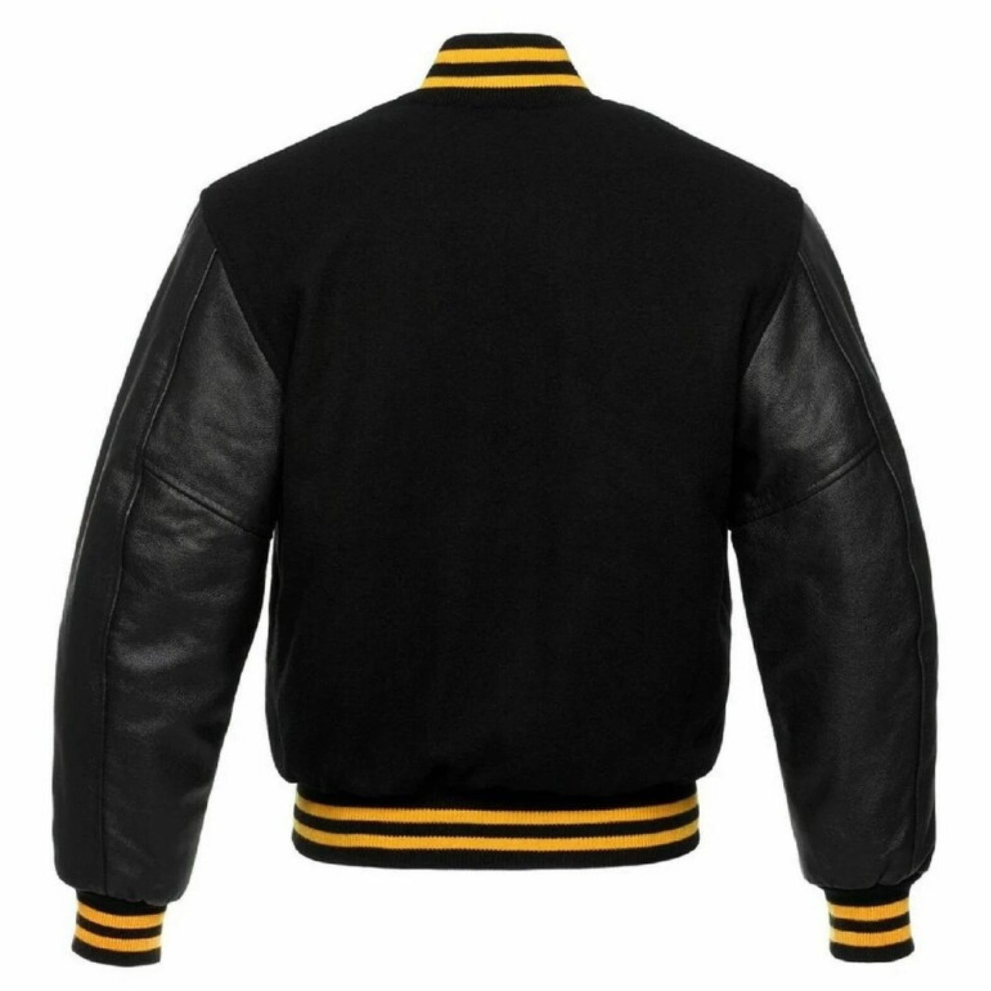 A black varsity jacket with leather sleeves. The jacket has yellow and black striped cuffs, collar, and waistband.